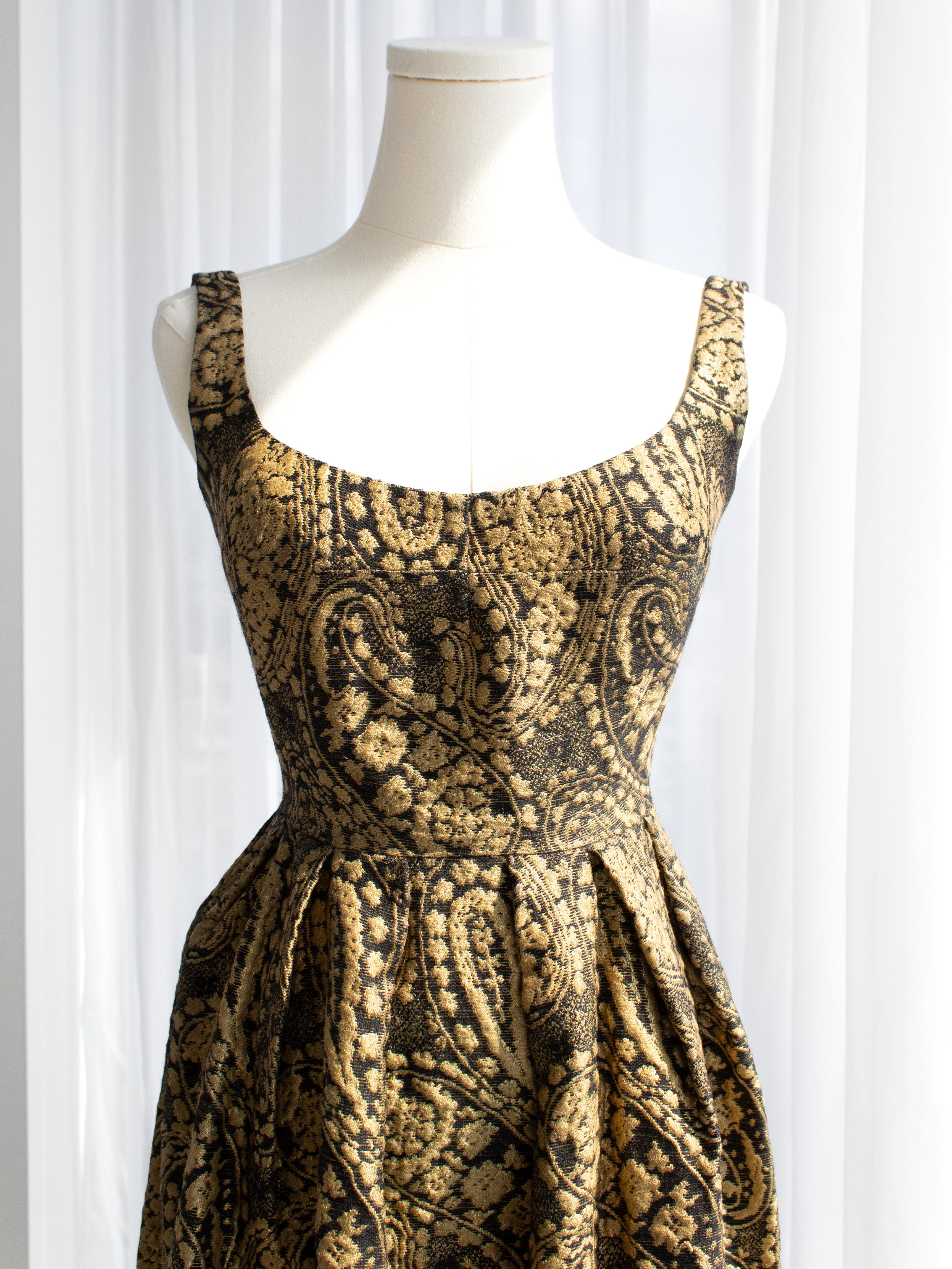 Madame Grès Vintage 1960 Gold Black Brocade Scoop Neck Maxi Dress Evening Gown In condizioni buone a Jersey City, NJ