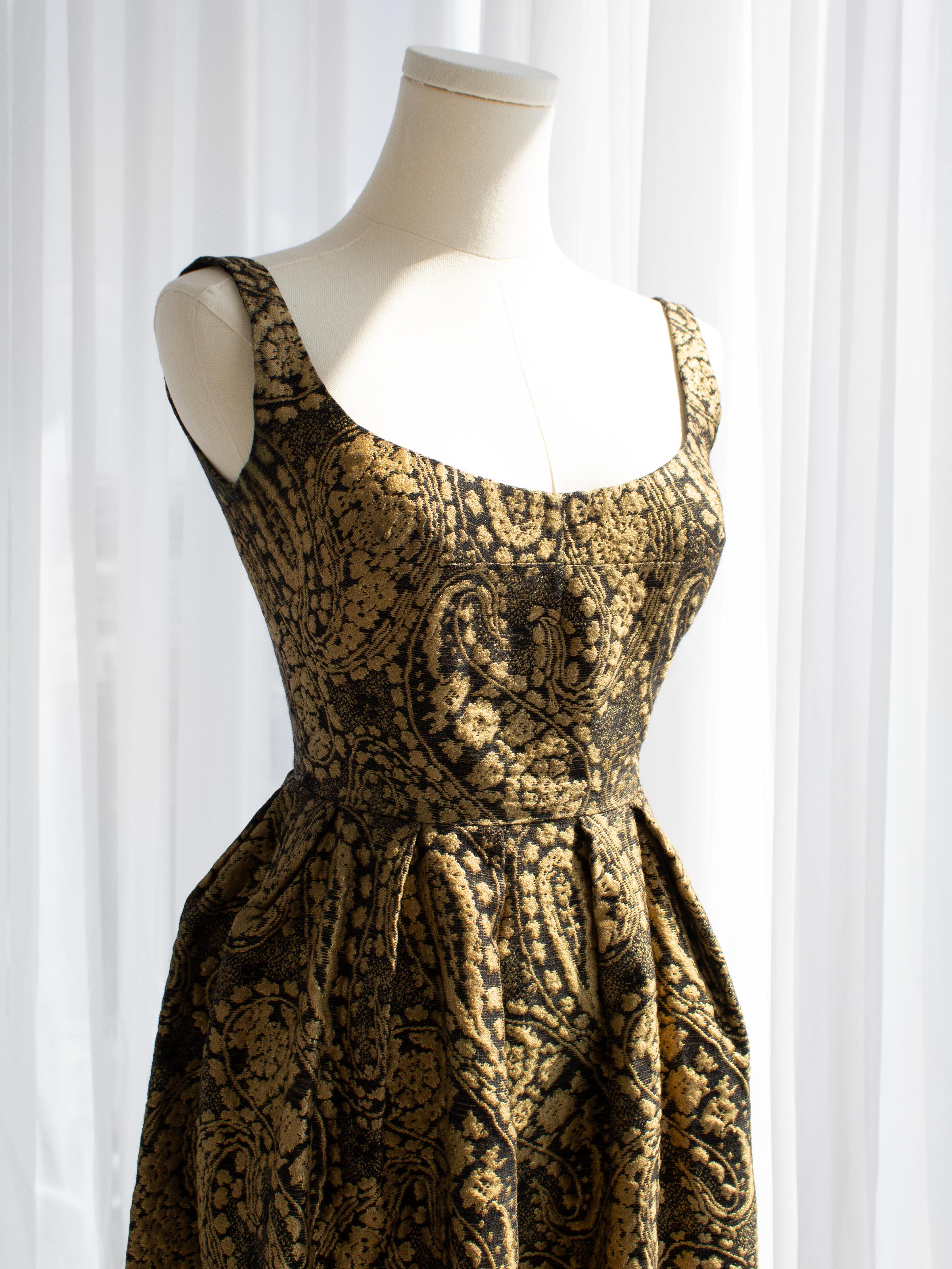 Madame Grès Vintage 1960 Gold Black Brocade Scoop Neck Maxi Dress Evening Gown 1