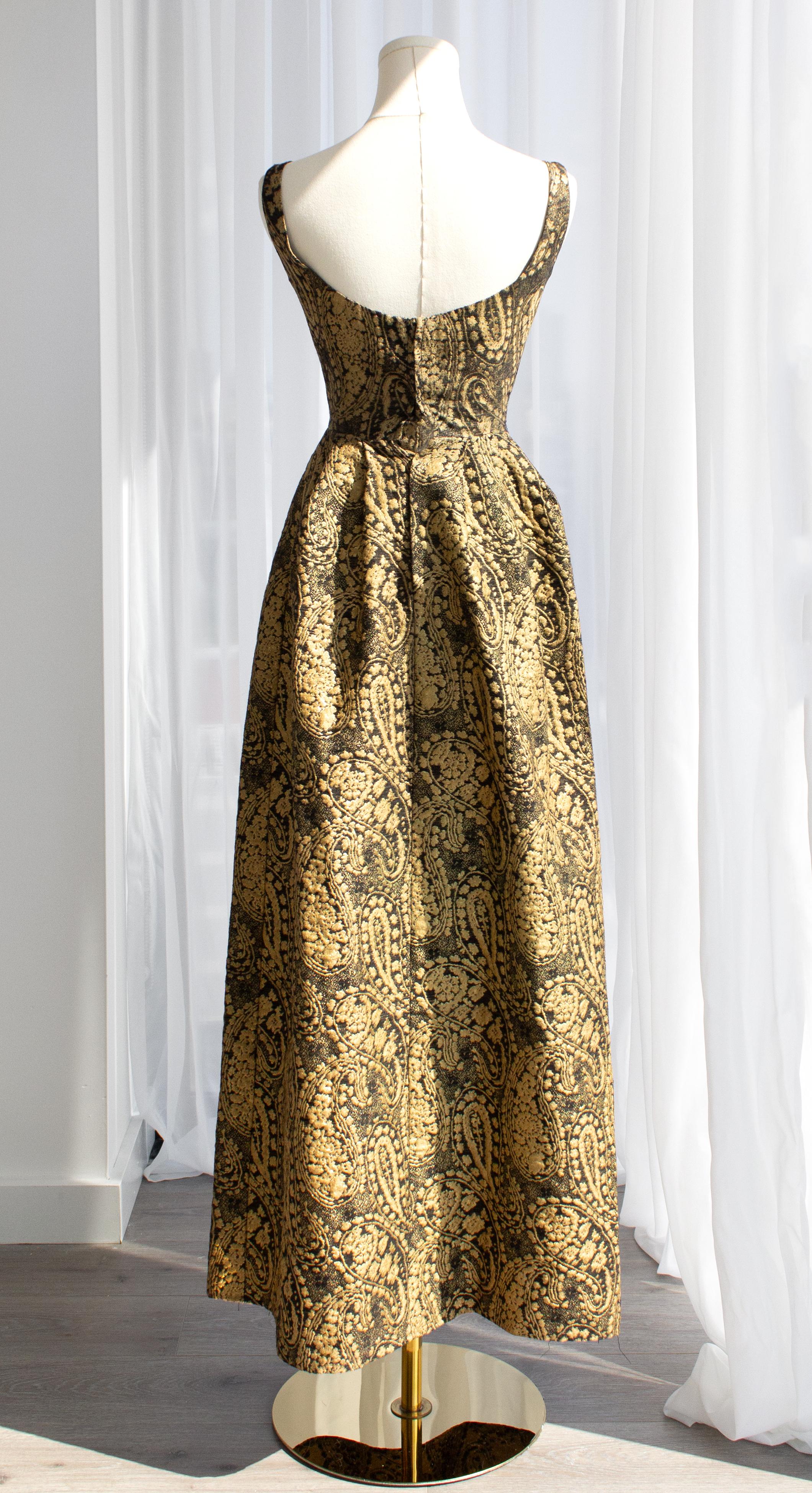 Madame Grès Vintage 1960 Gold Black Brocade Scoop Neck Maxi Dress Evening Gown 4