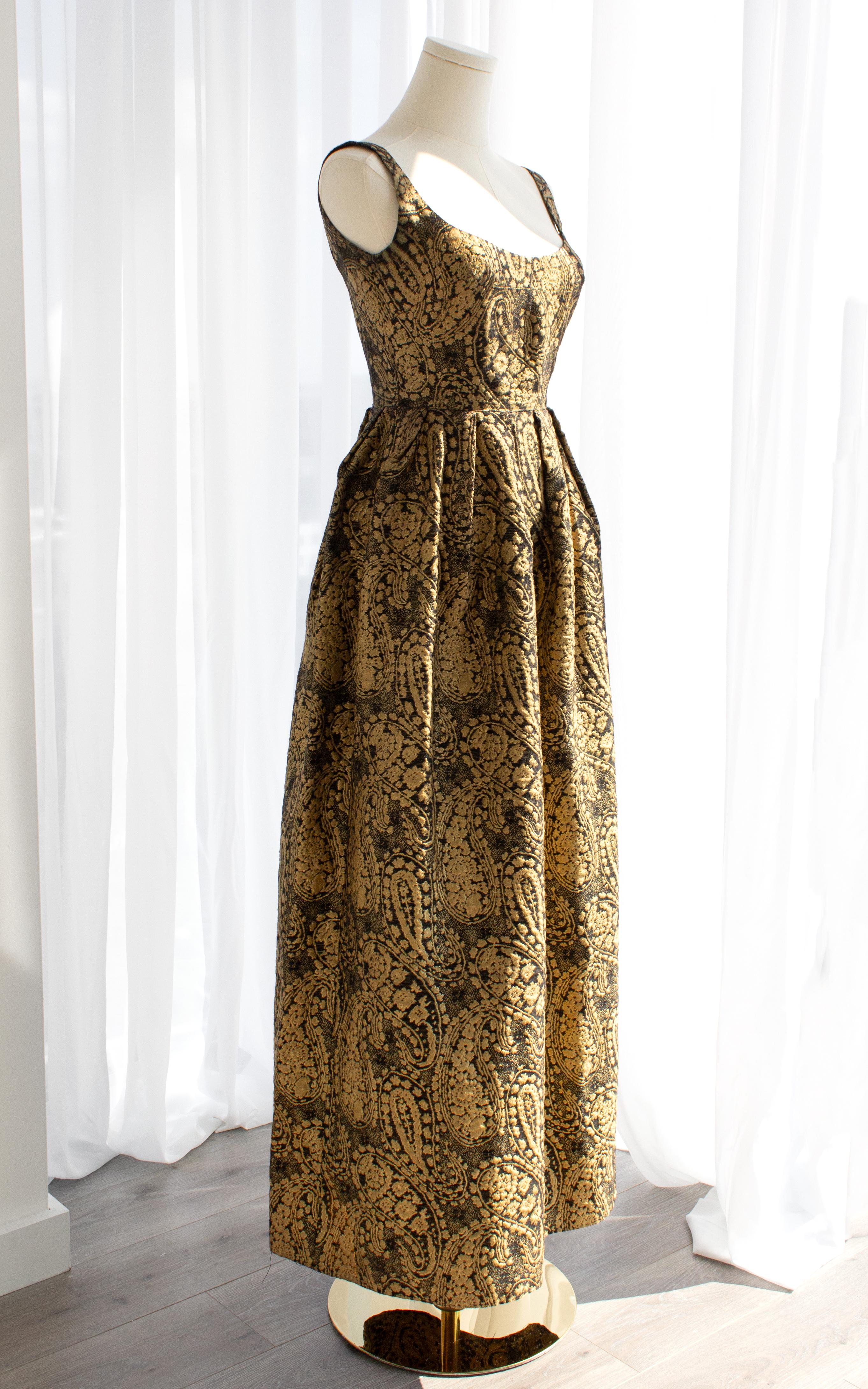 Madame Grès Vintage 1960 Gold Black Brocade Scoop Neck Maxi Dress Evening Gown 5