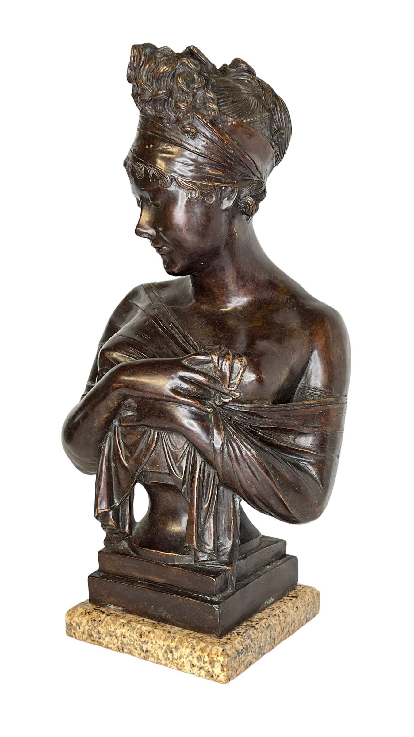Madame Juliette recamier bronze bust after the original model Joseph Chinard (1756-1813), mounted on a granite base.