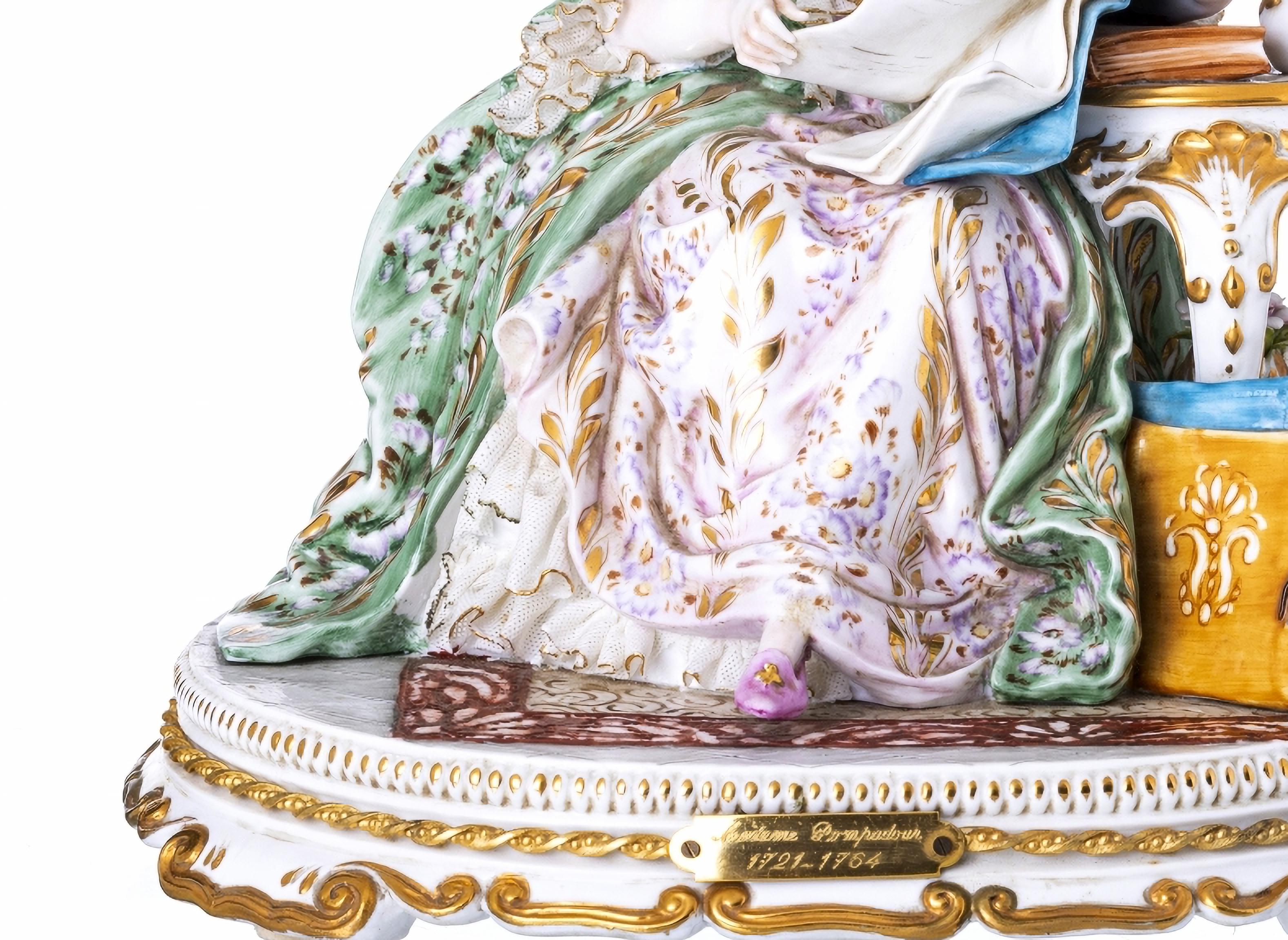 Madame Pompadour (1721-1764) 20th century Tiche Porcelain

Italian sculptural group in molded and relief porcelain by Tiche.
Polychrome and gilded decoration, hand-painted.
Manufacturer's mark on the base.
Dimensions: 29.5 x 30 cm.
Good