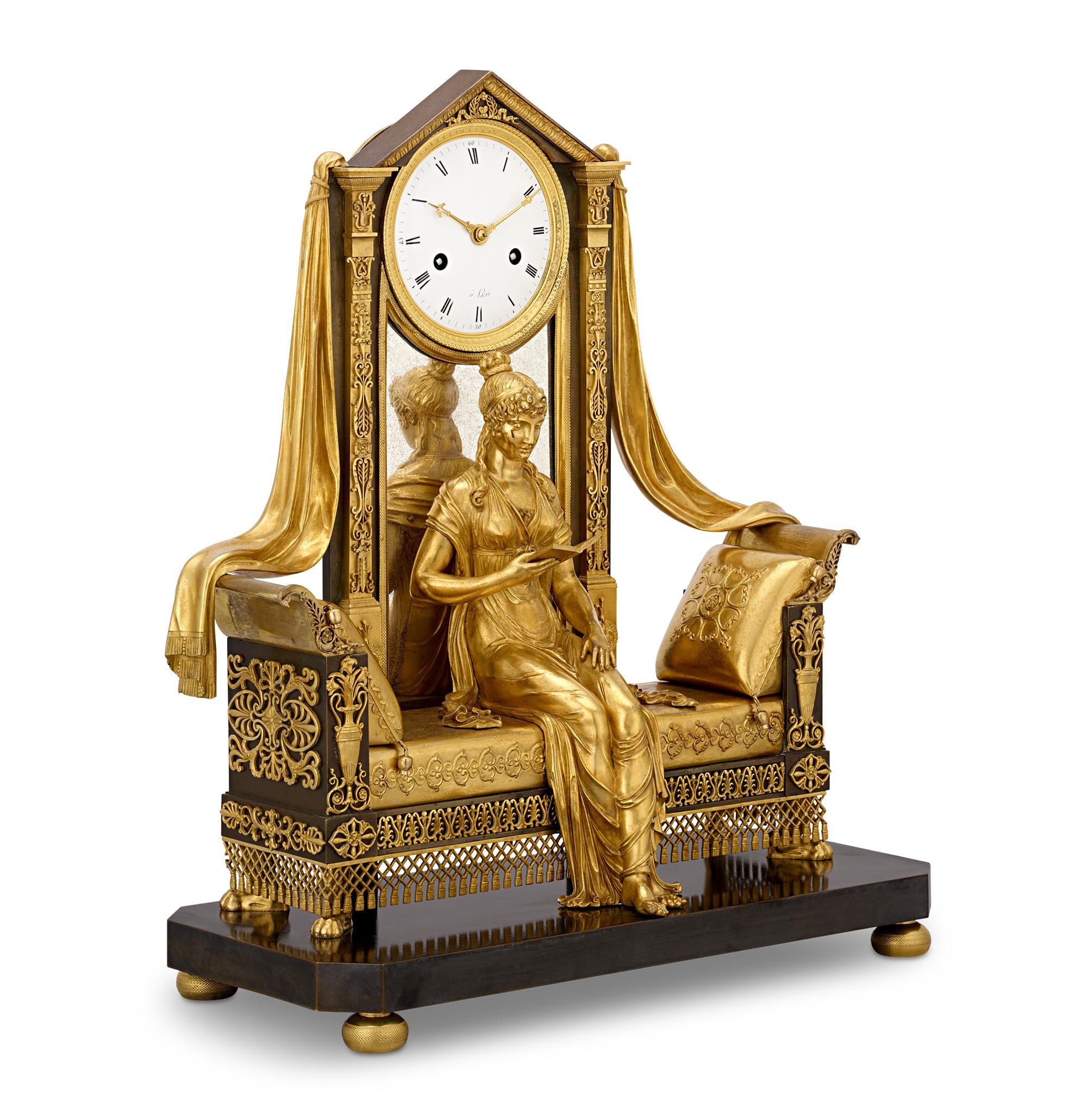 This exceptional French Empire mantel clock by the renowned Claude Galle exquisitely depicts Madame Juliette Récamier, one of the most celebrated figures and muses of the First Empire. A famed salonnière of the French court, Madame Récamier hosted