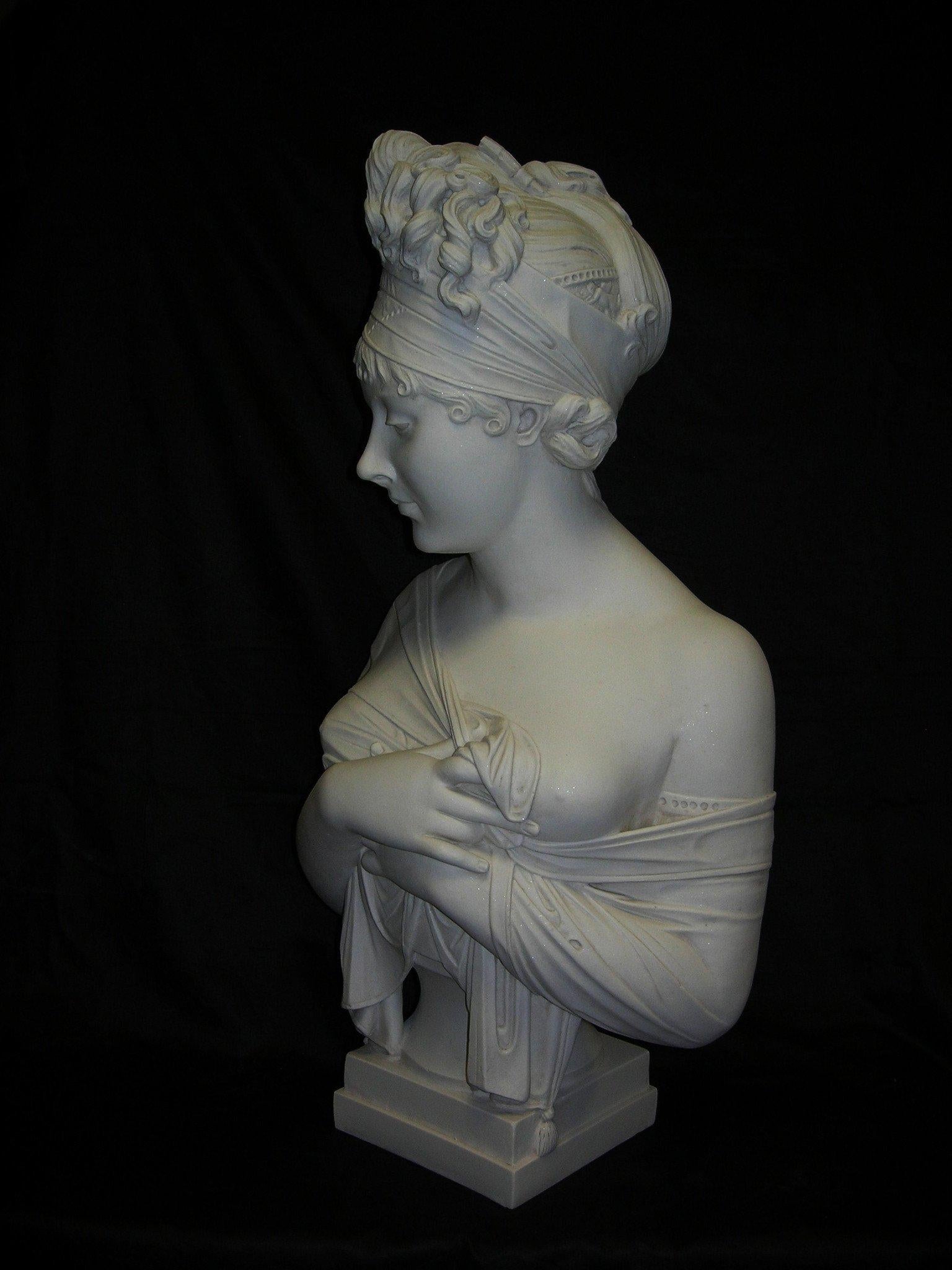 A superb Madame Recamier marble bust, 20th century. Madame Recamier, a bust, after the antique marble by Joseph Chinard, 1756-1813, French. The Getty collection, Los Angeles.

A sophisticated and romantically sculptured marble bust of a young