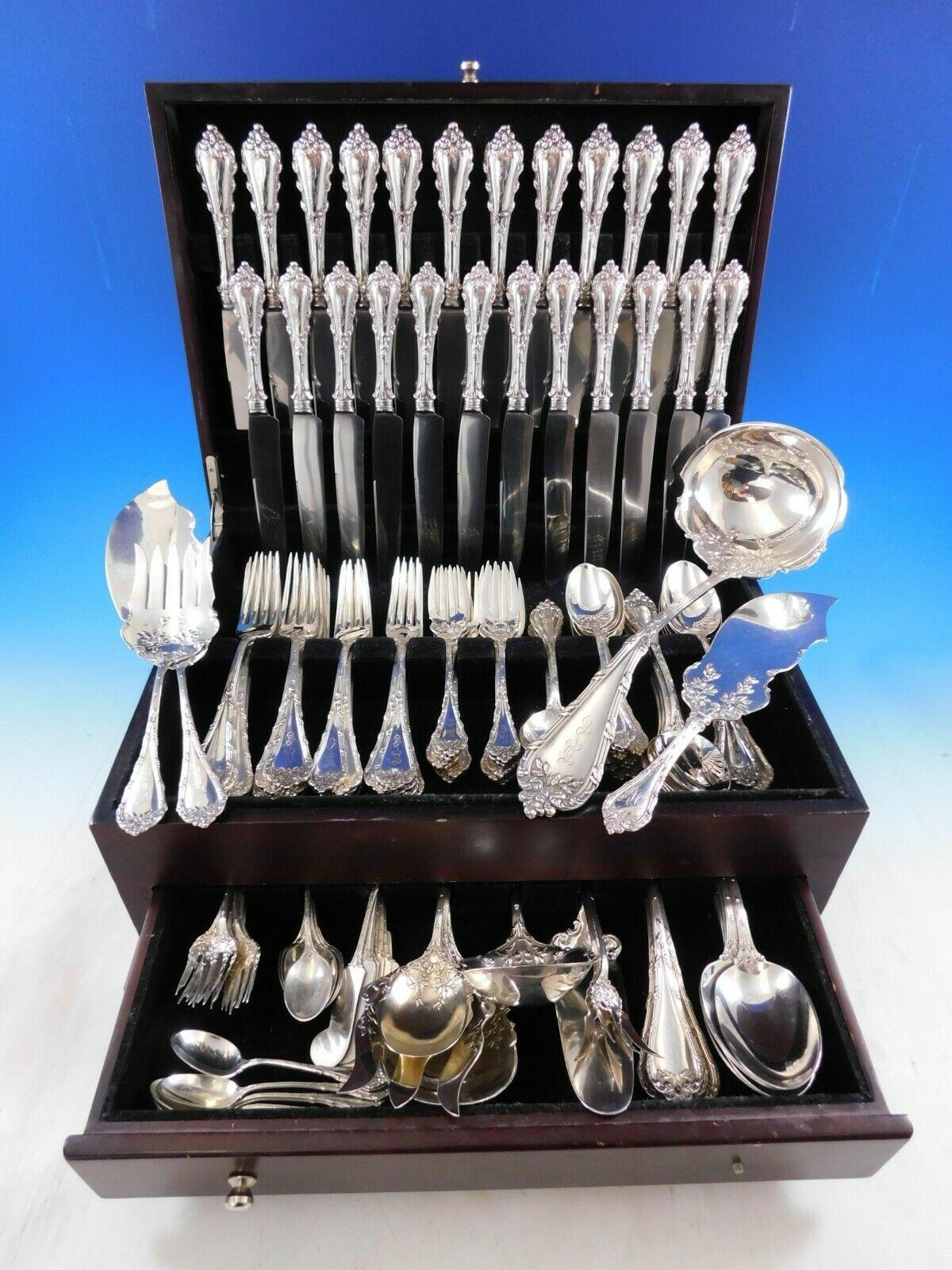 Monumental Madame Royale by Durgin sterling silver flatware set, 148 pieces. This set includes:

12 dinner size knives, 9 3/4
