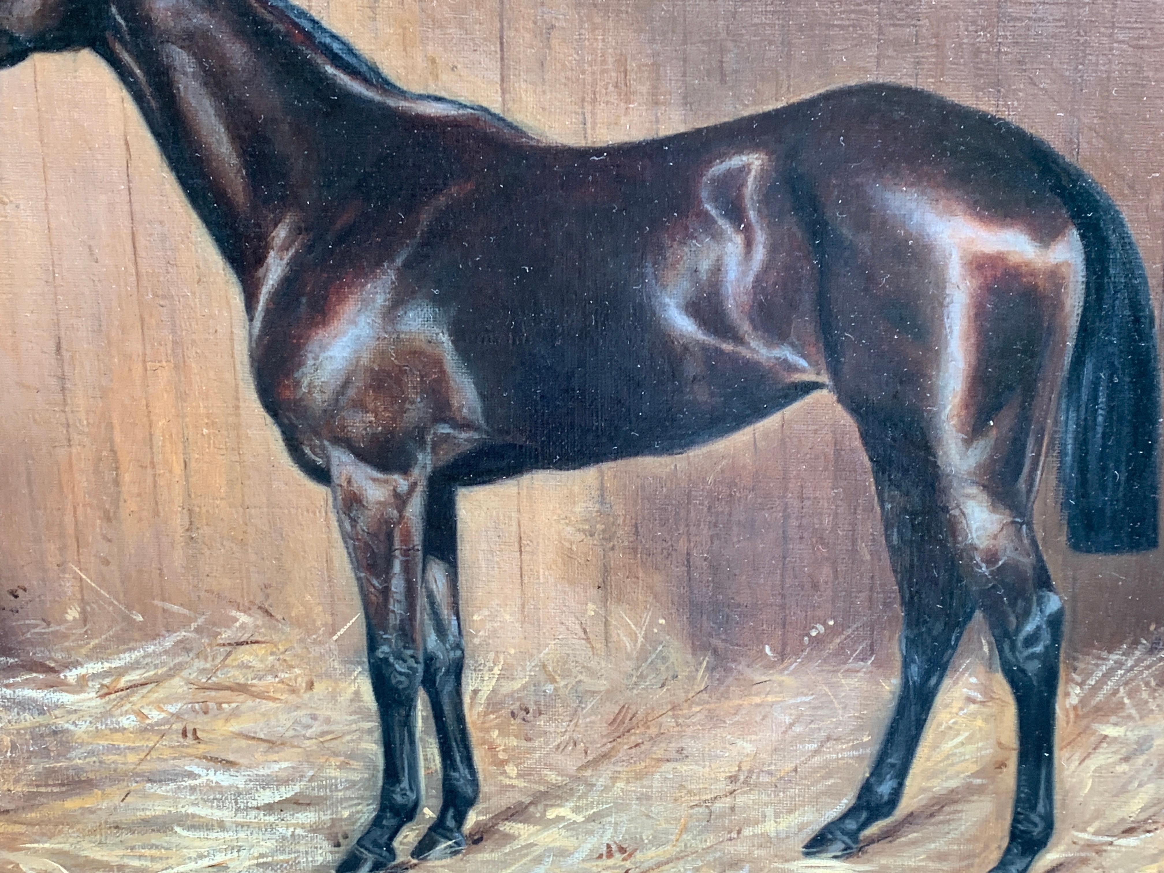 19th century English Antique Victorian horse in a stable barn - Gray Portrait Painting by M.Adams