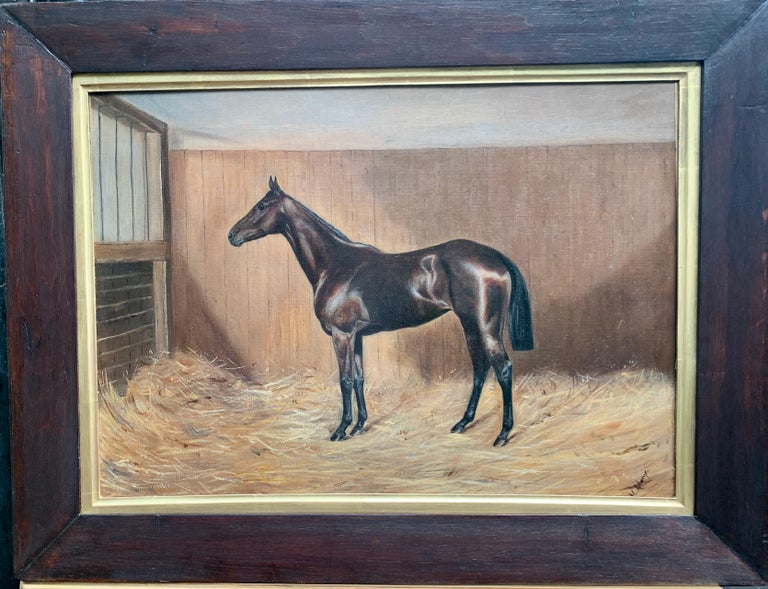 M.Adams Portrait Painting - 19th century English Antique Victorian horse in a stable barn