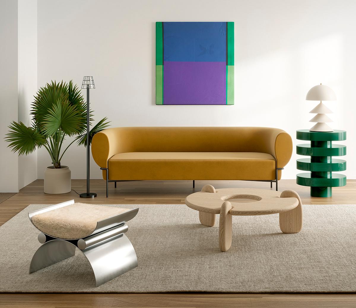 The Madda is a contemporary interpretation of the classic club chair, extended into sofa form. Its metal base fully wraps around the sofa, as if to squeeze it into a plump and comfortable upper seating area. Its fabric (including COM or leather),