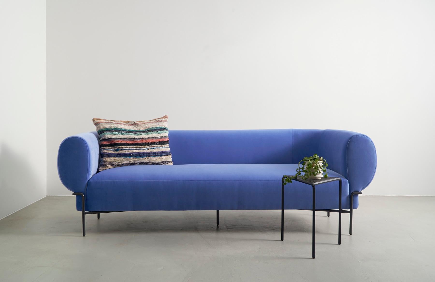 North American Contemporary Cornflower Blue Velvet Modern Sofa with Black Metal Base