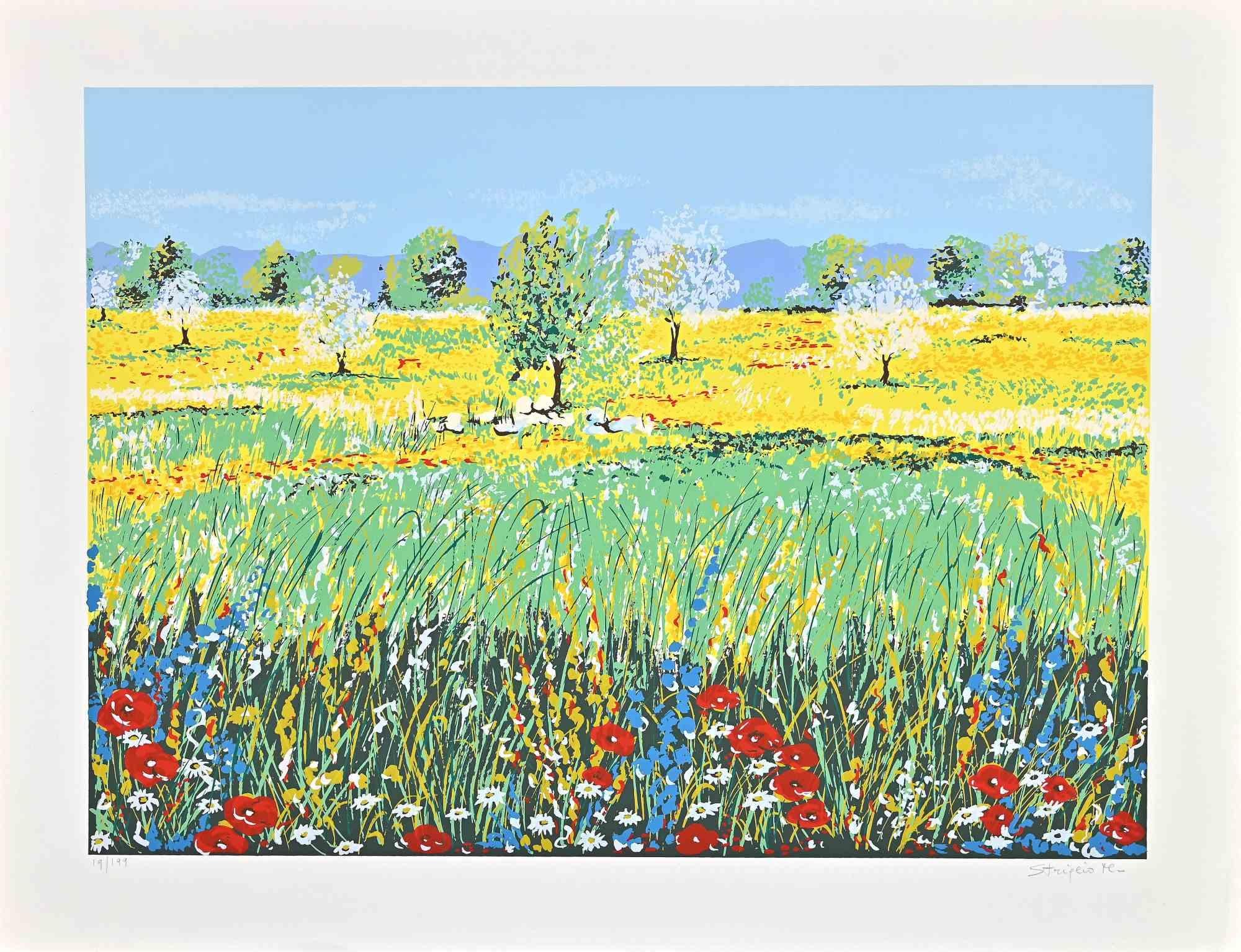 Flowery Meadow is a very brightly colored digigraph print realized by the contemporary Italian artist Maddalena Striglio in the late 20th Century.

Hand-signed in pencil on the lower right. Numbered on the lower left. Edition 19/199.

Good