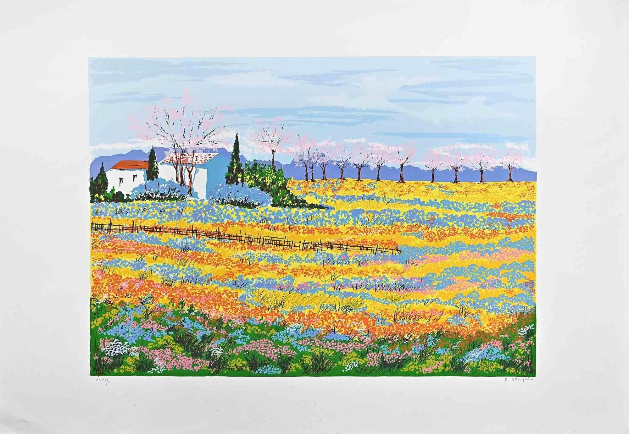 Maddalena Striglio Landscape Print - Flowery Meadow - Screen Print by M. Striglio - Late 20th century