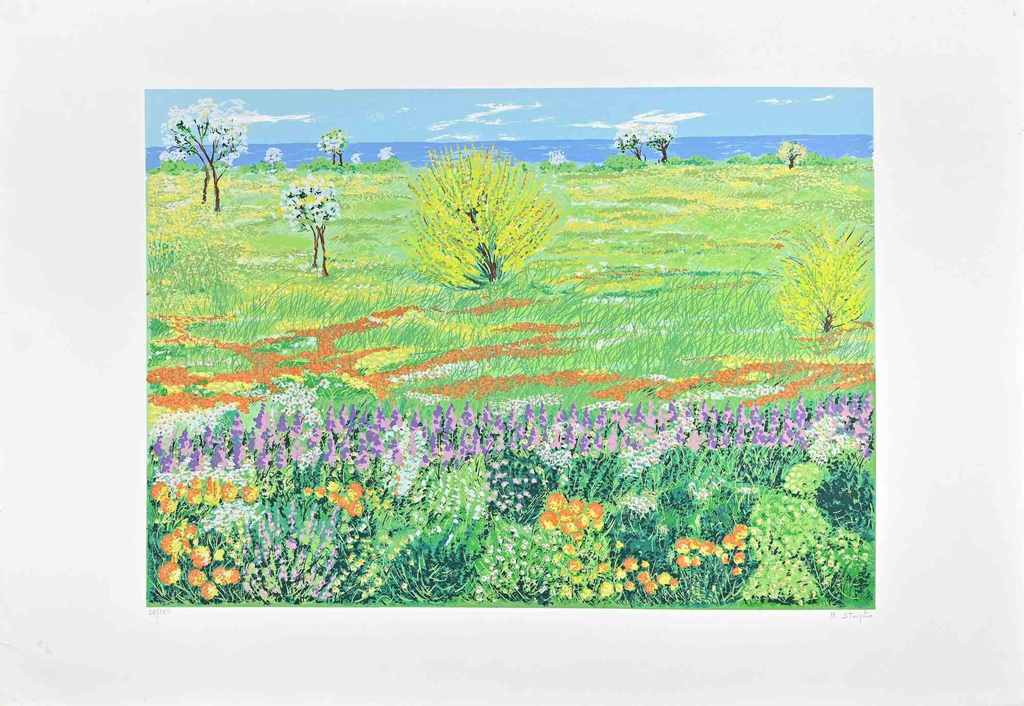 Maddalena Striglio Figurative Print - Meadow in Spring - Original Screen Print by M. Striglio - Late 20th century