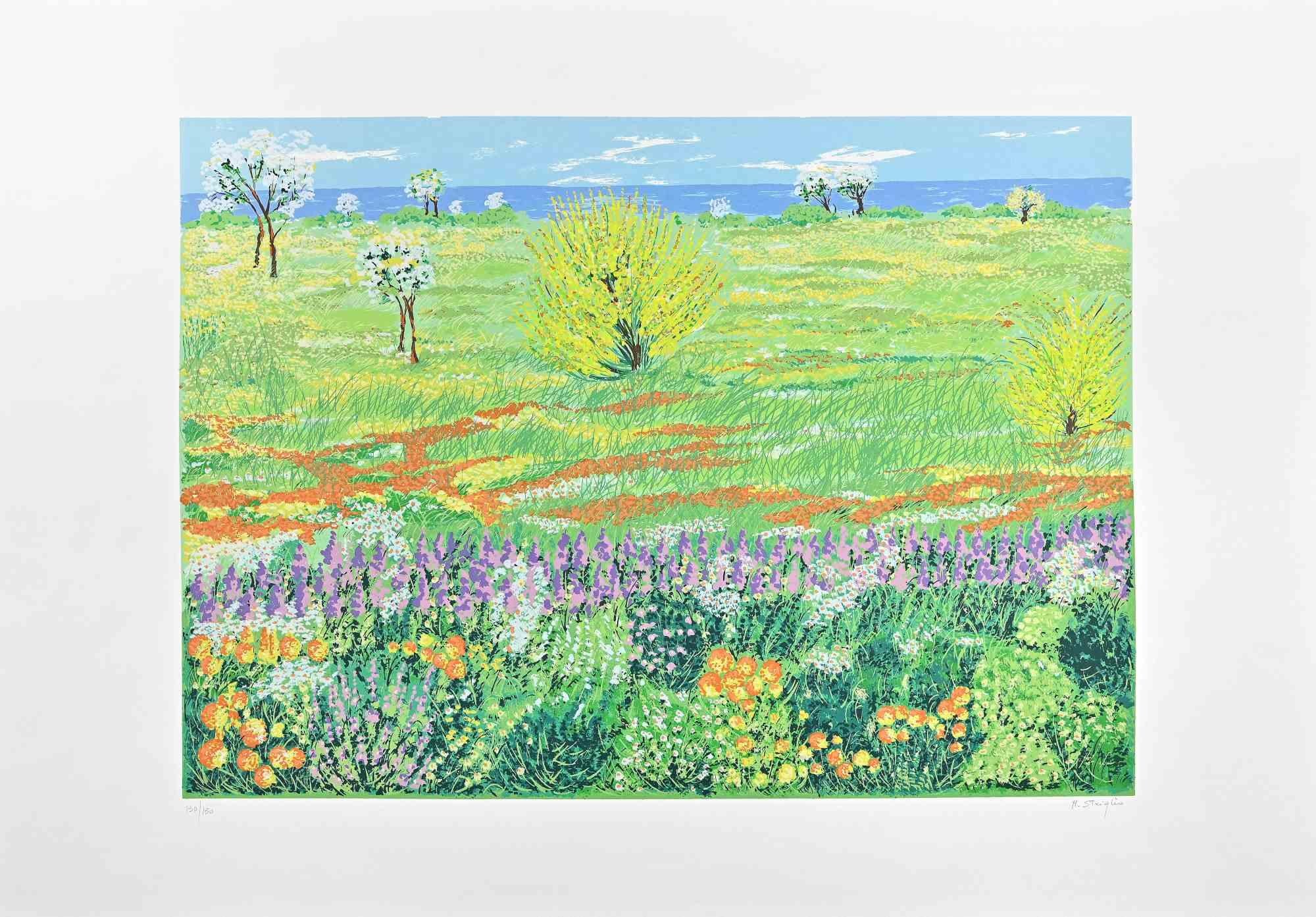 Prairie au printemps - Sérigraphie par M. Striglio - Fin du 20e siècle