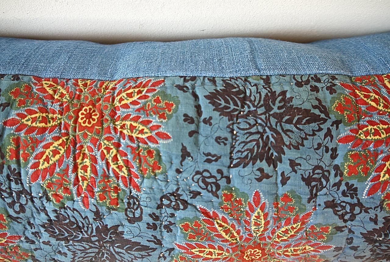 Madder Red Floral Block printed Cotton Quilted Pillow, French, 19th Century 1