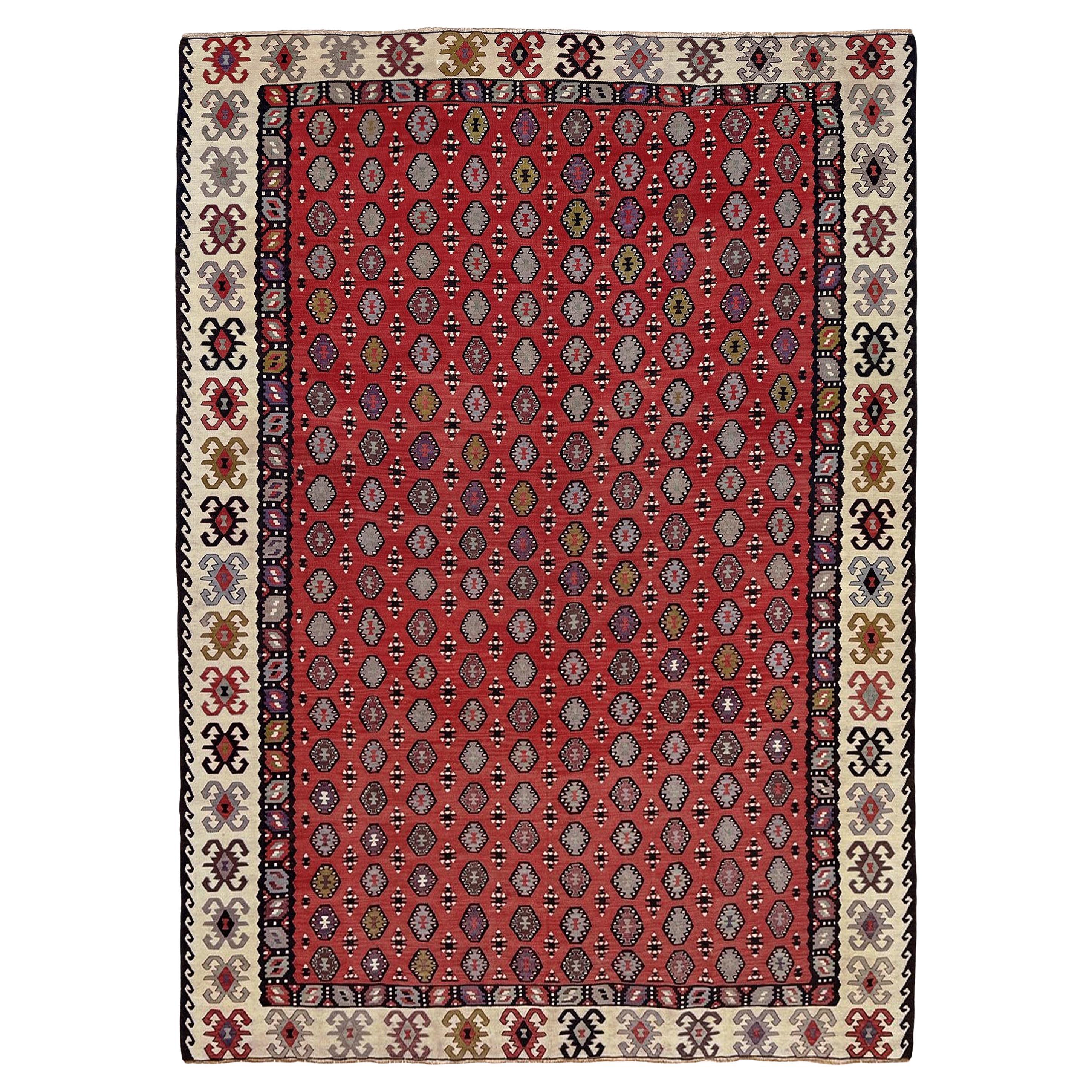 Madder Red Pirot / Sharkoy Kilim • Vintage European Flatweave Village Rug • 7×10
