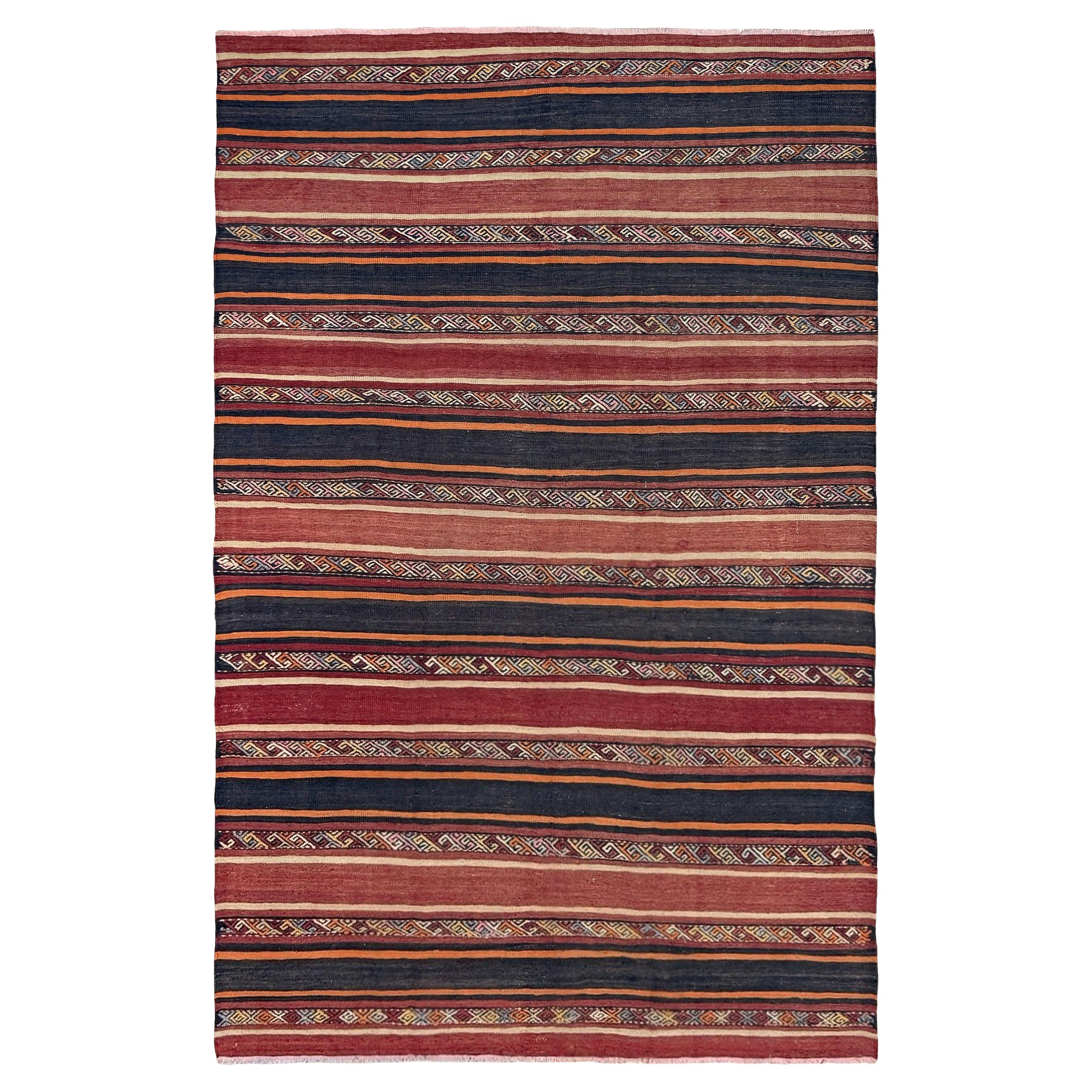 Madder Red Tribal Stripe Turkish Kilim • Handmade Vintage Flatweave Rug (6×9)