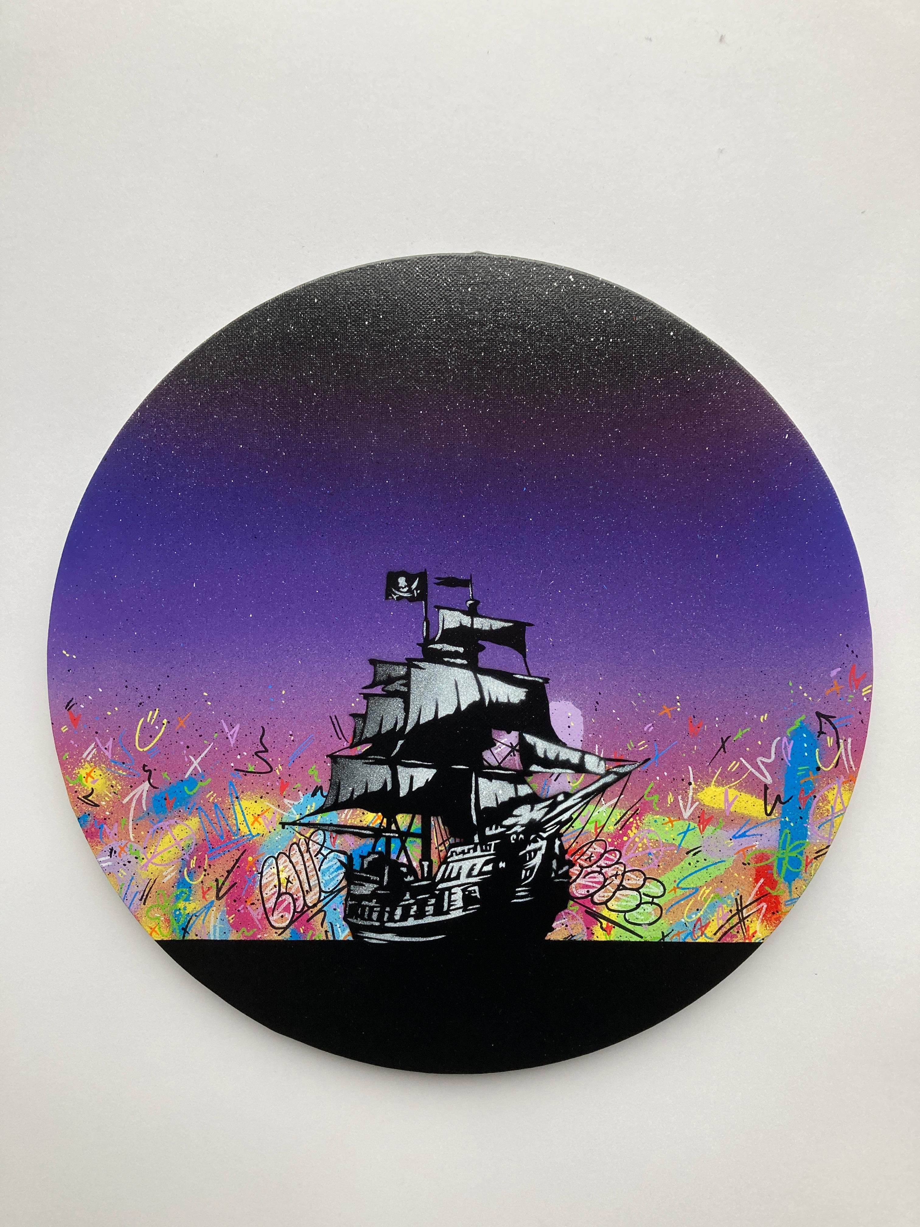 Edition version – 15 colour spray paint and stencils with paint markers on circle canvas.

Surface – circle canvas

Edition size – AP Size – 15.5x15.5” approximately

Description – 15 colour spray paint and stencils with paint markers on canvas.
