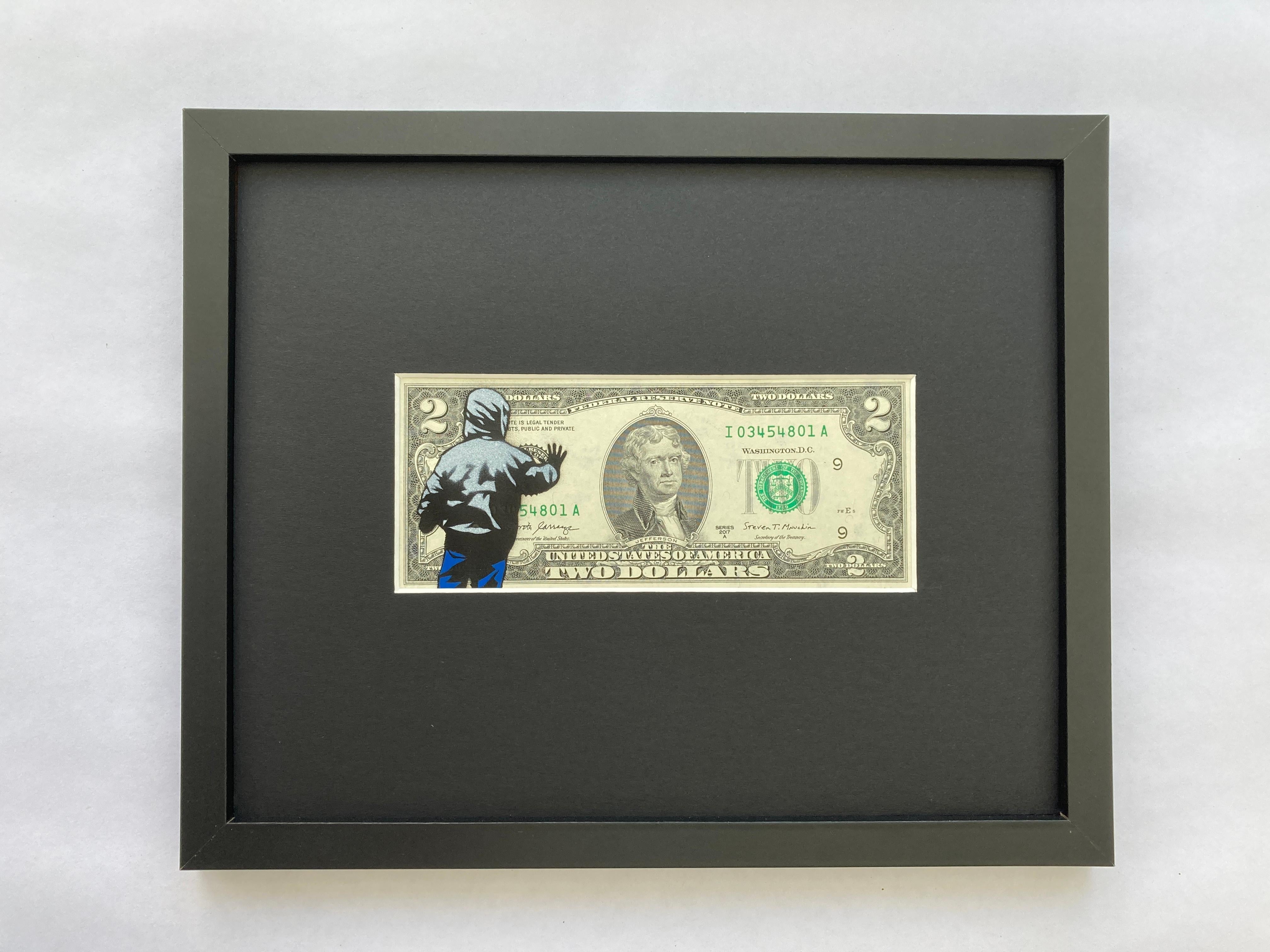 Edition version – white hoodie with blue jeans edition painted onto genuine uncirculated $2 bill with stencil

Handprints painted using UV spray paint are only visible under fluorescent lighting

Surface –uncirculated $2 bill – Comes pre-framed with