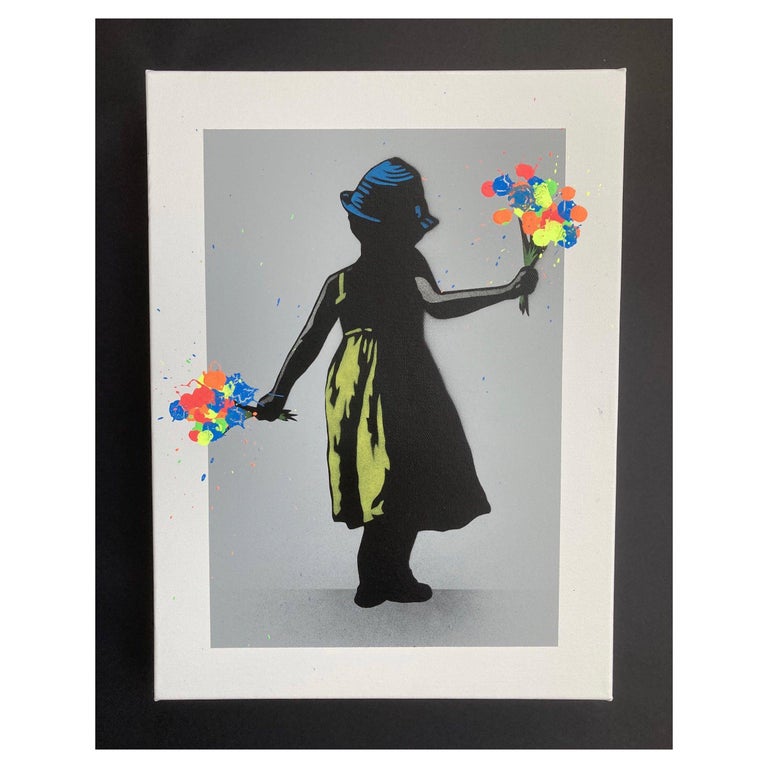 Flower girl 

Edition version – white border/wall grey background with fluorescent splatter flowers.

Surface – deep edge canvas

Edition size – 5

Size – 12 x 16 inches

Year – 2020

Description – 13 color stencil and spray paint on deep edge