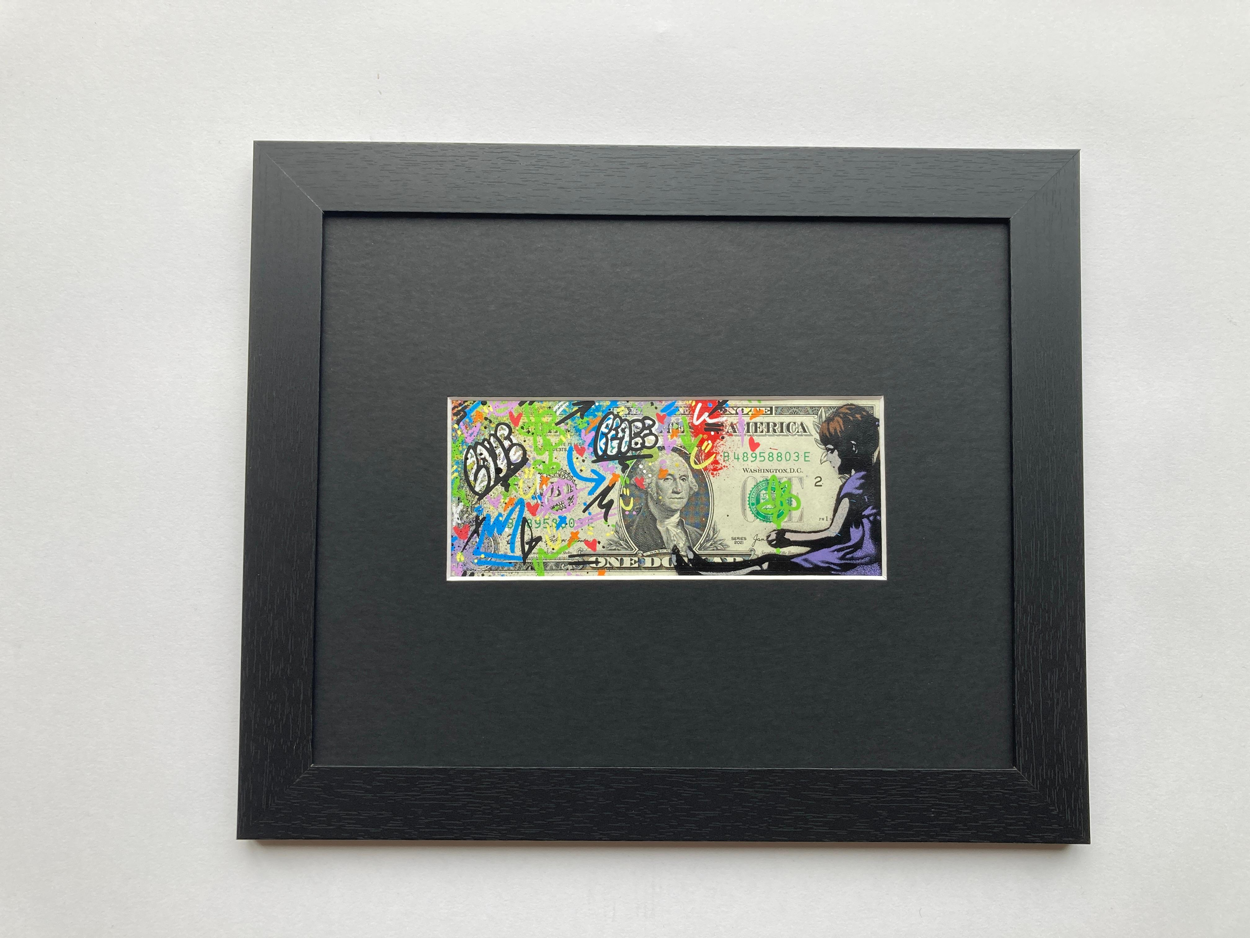 10 color spray paint and stencils with paint markers on genuine $1 bill.

Surface – genuine $1 bill

Edition size – edition of 5

Description – 5 colour spray paint and stencils with paint markers on genuine $1 bill.

Signed and dated on reverse in