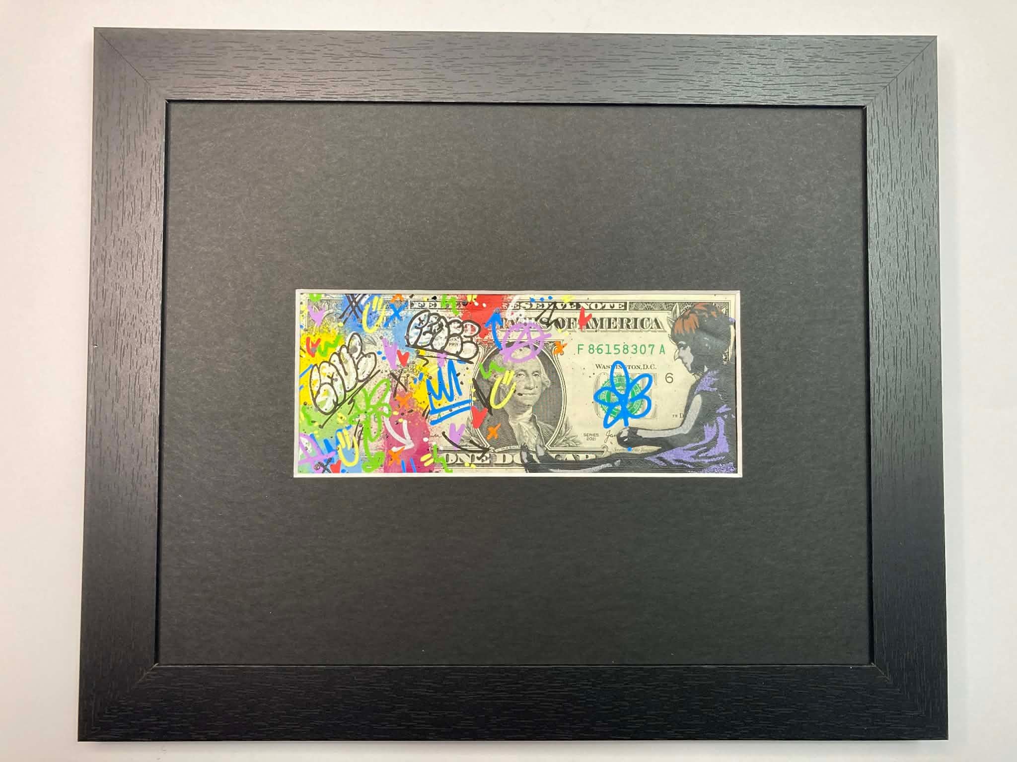10 color spray paint and stencils with paint markers on genuine $1 bill.

Surface – genuine $1 bill

Edition size – edition of 1/1

Description – 5 colour spray paint and stencils with paint markers on genuine $1 bill.

Signed and dated on reverse