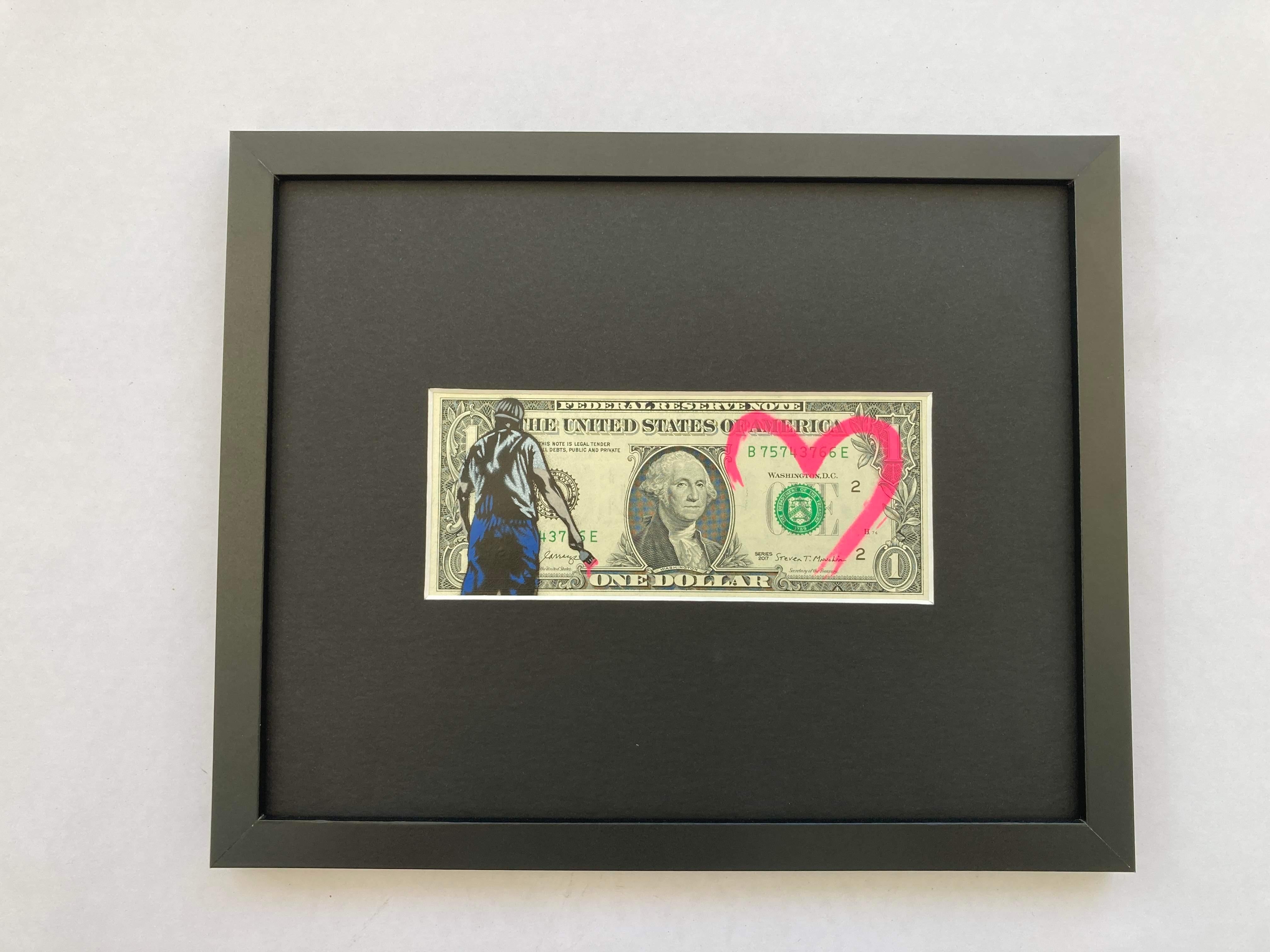 Edition version – fluorescent pink love heart edition on genuine $1 bill in mounted frame.

Surface –  $1 bill

Edition size – edition of 5

Size – n/a

Year – 2023

Description – 6 color stencil and spray paint on $1 bill mounted in frame –