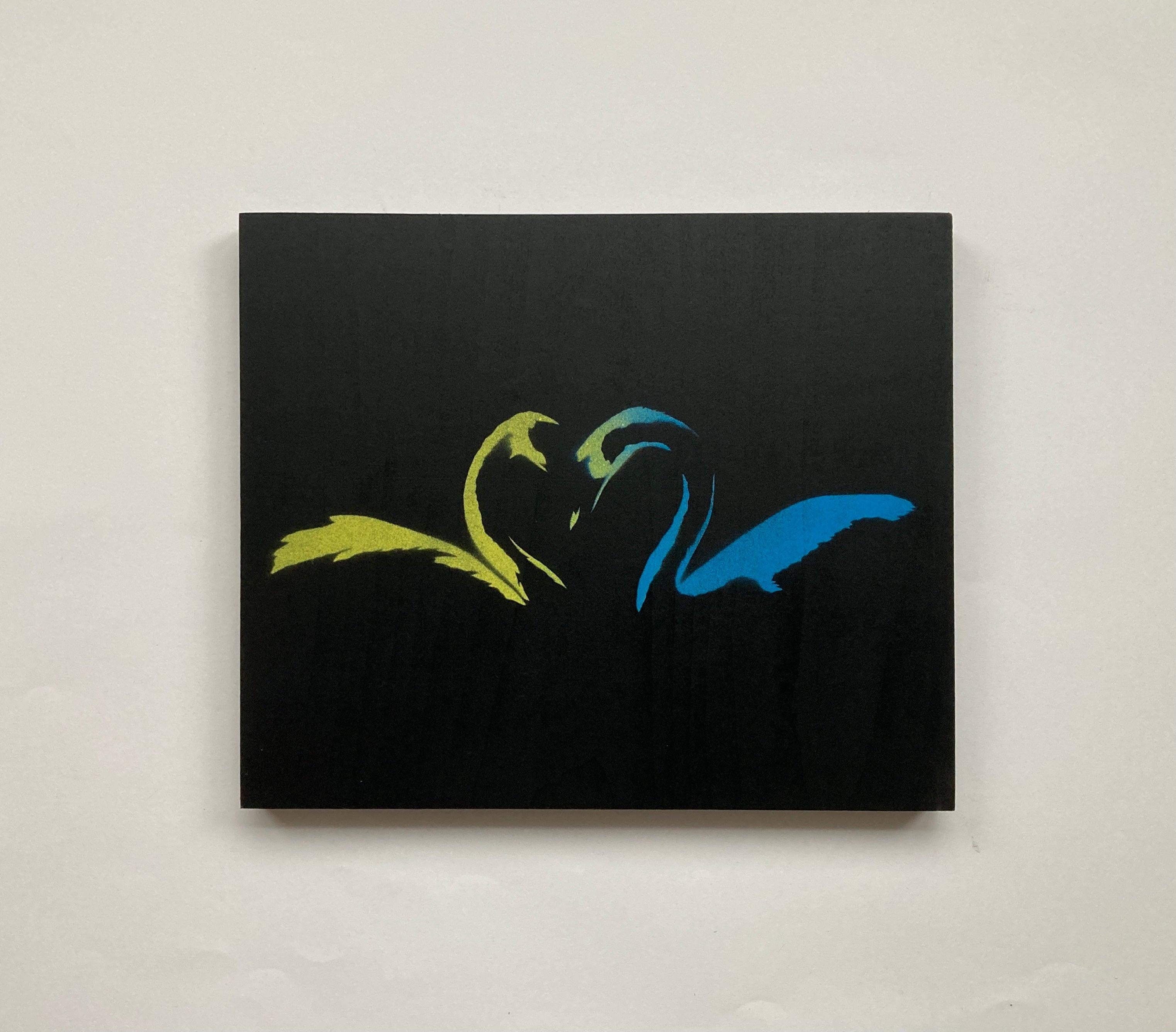 Edition version – black background with blue and yellow spray paint blend on artist wood panel

Surface – Artist wood panel

Edition size – 1/1

Size – A4

Year – 2021

Description – 3 color stencil and spray paint on artist wood panel. Hand-painted