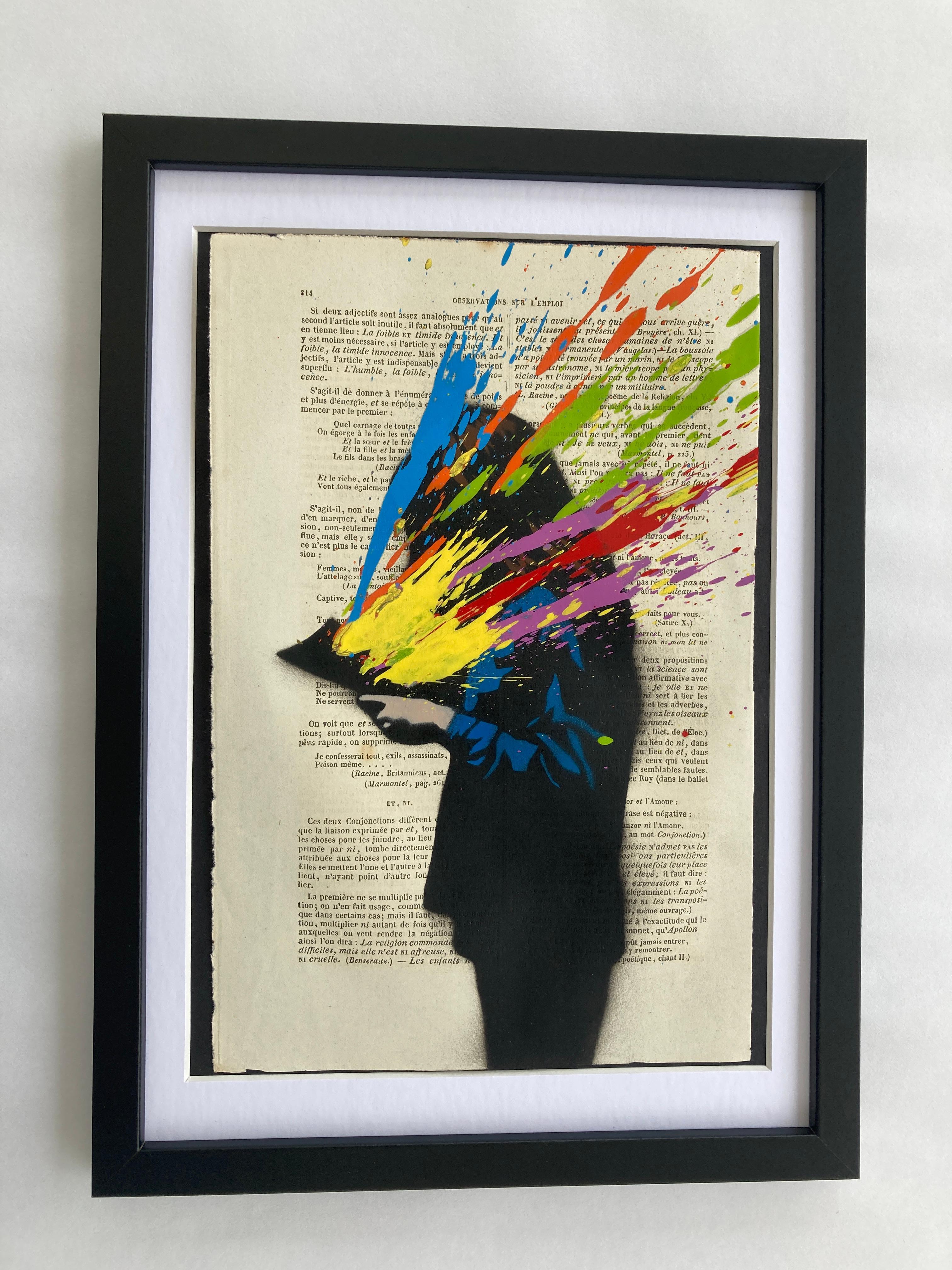 Edition version – Rainbow Splatter on a page from repurposed French grammar book - framed with custom mount.
Surface – French Grammar book page
Edition size – edition of 30
Size – 9.8 x 6.7" approximately
Year – 2023
Description – 8 color stencil