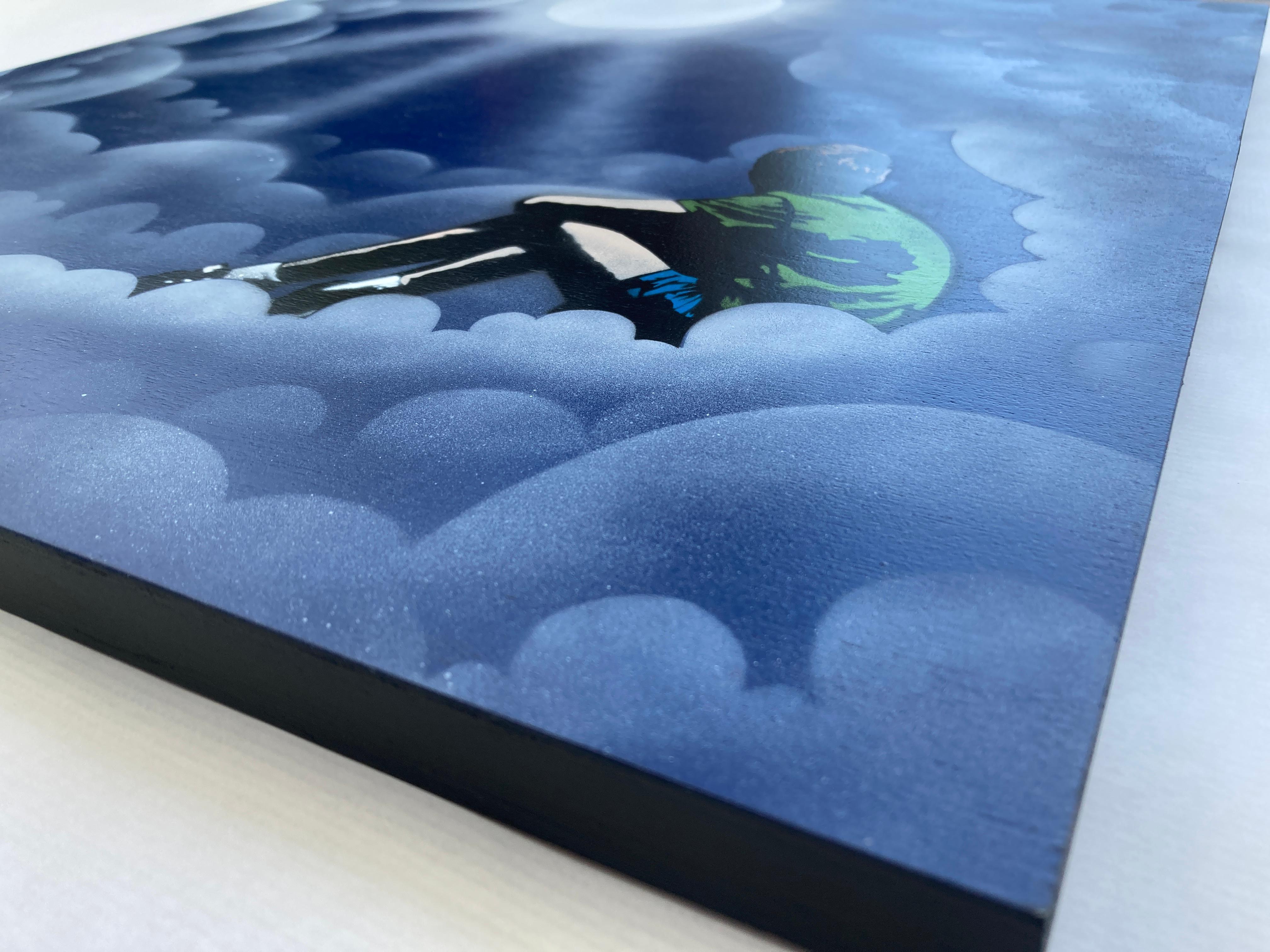 White UV clouds on large wood panel

Surface – wood panel Edition –  different background color versions each 1/1 – Cola grey,  deep-purple, & blue note.

Size – 19.5 x 19.5”

Description- 8-color spray paint and multi-layer stencil on wood panel.