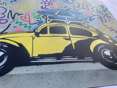 VW Beetle Mixed Media Artwork, Contemporary Stencil, Signed, 2024