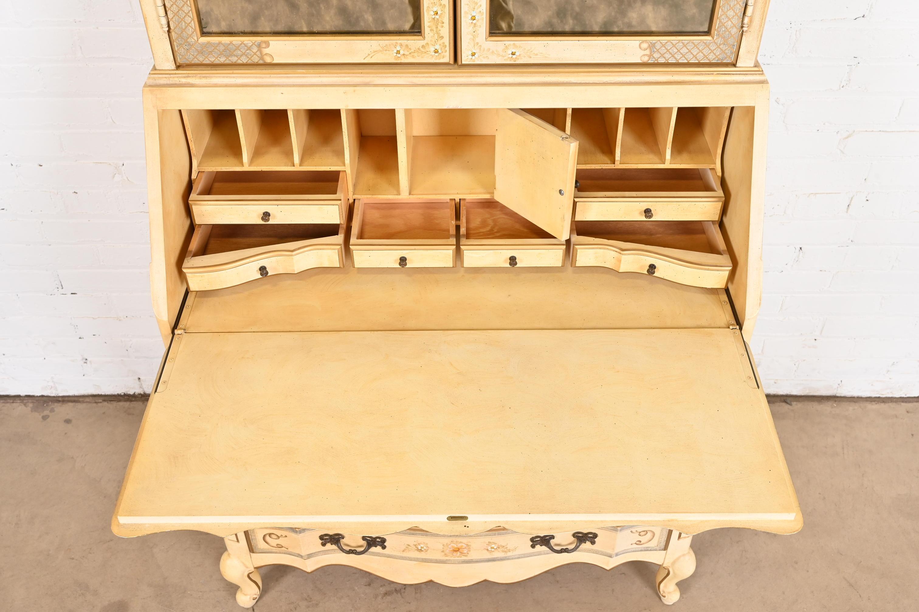 Maddox French Provincial Louis XV Painted Secretary Desk With Mirrored Bookcase For Sale 4