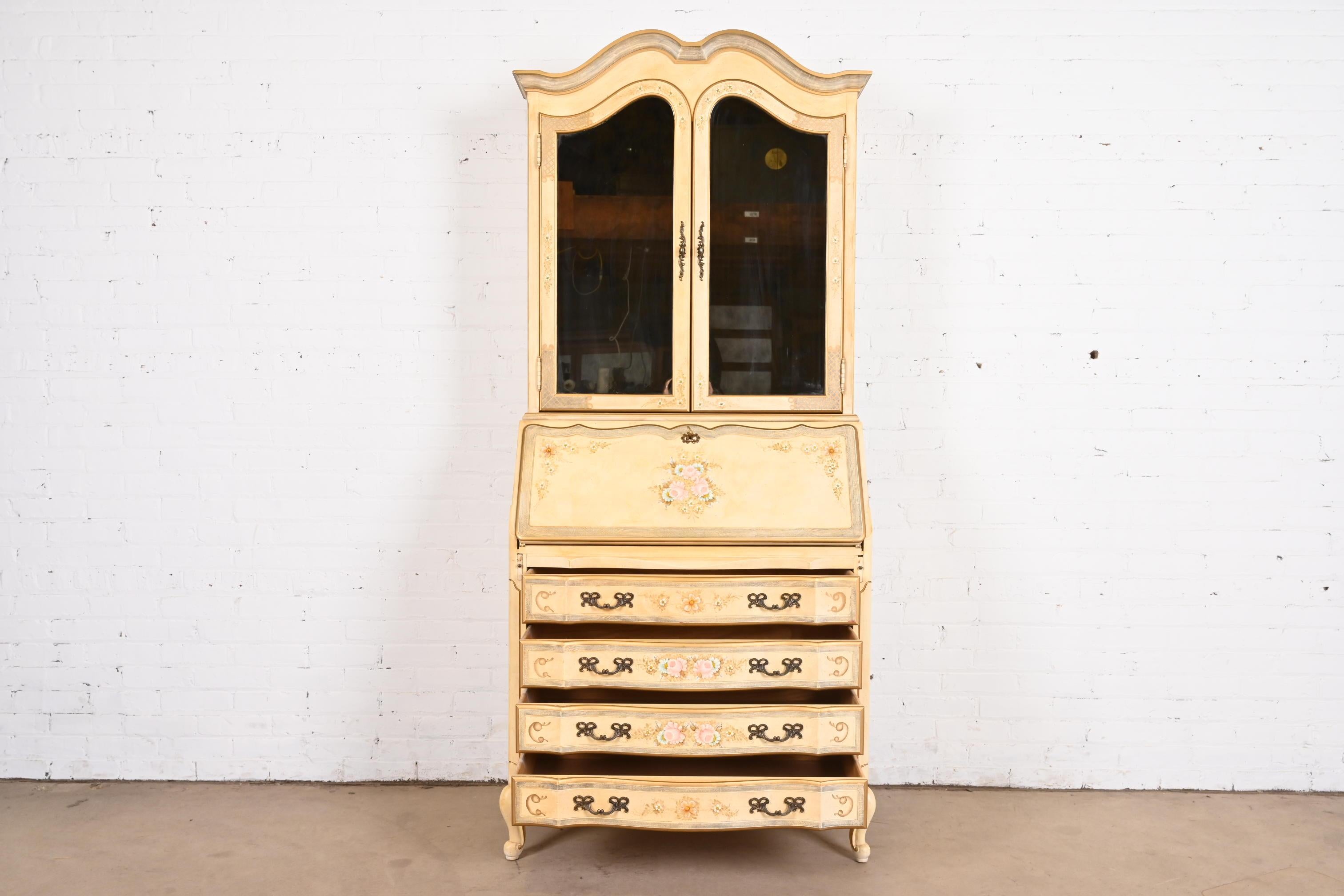 Maddox French Provincial Louis XV Painted Secretary Desk With Mirrored Bookcase For Sale 5