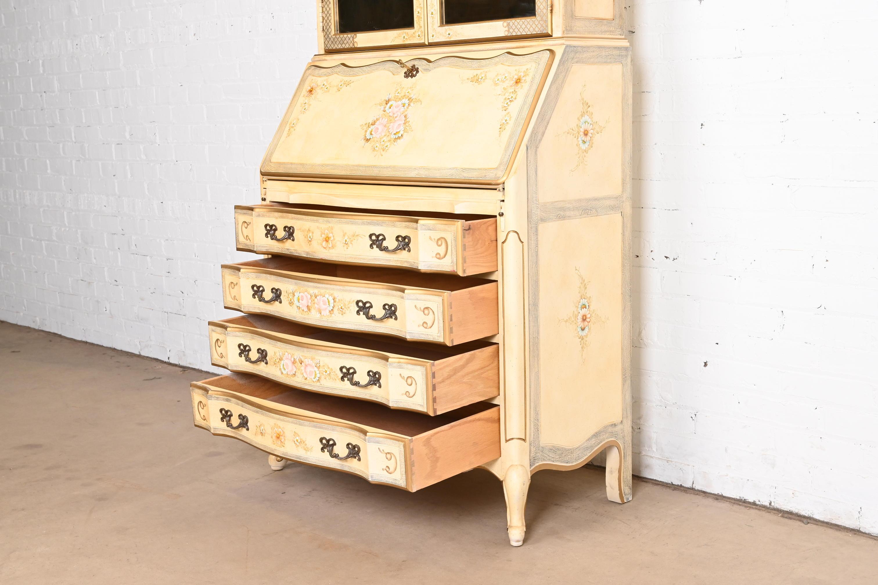 Maddox French Provincial Louis XV Painted Secretary Desk With Mirrored Bookcase For Sale 7