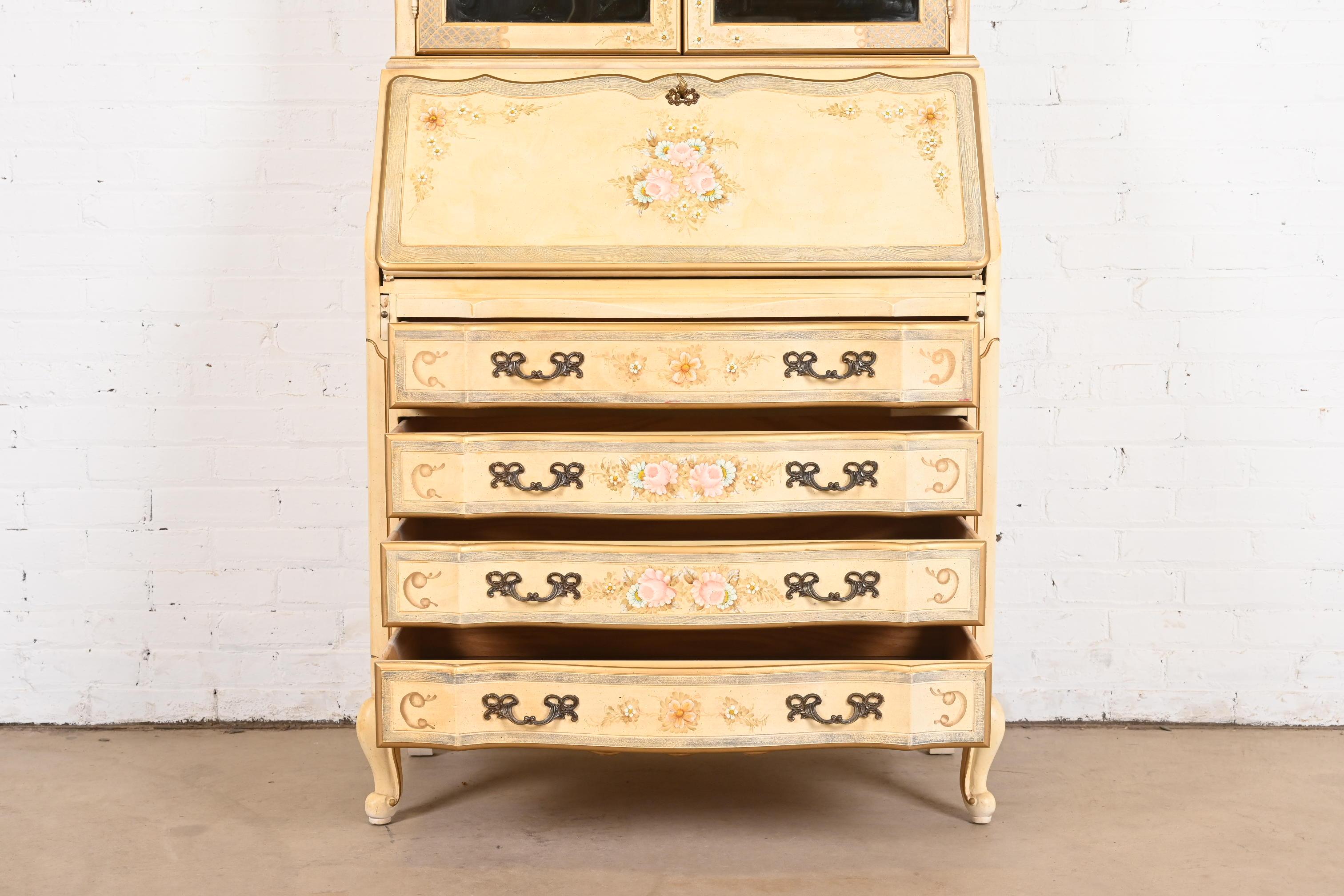 Maddox French Provincial Louis XV Painted Secretary Desk With Mirrored Bookcase For Sale 8