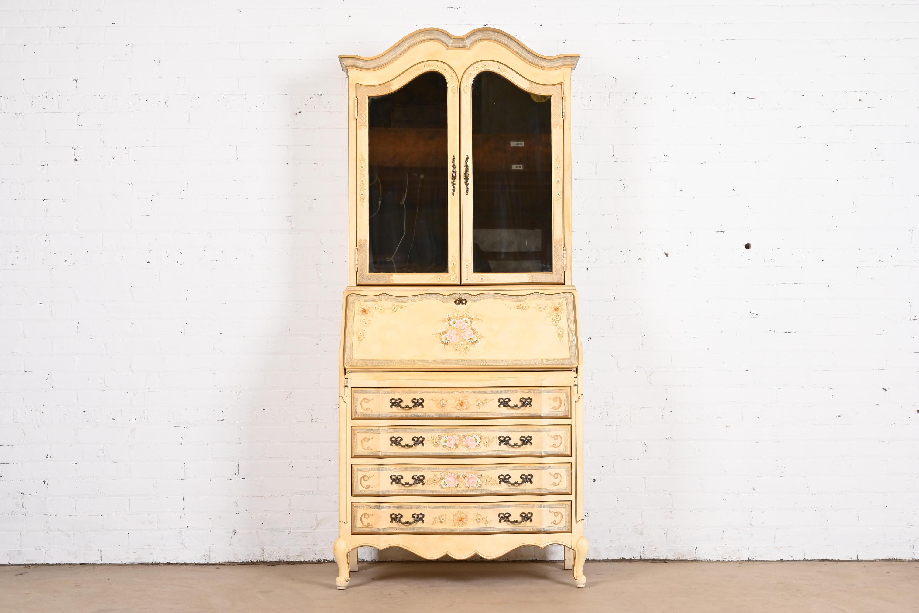 American Maddox French Provincial Louis XV Painted Secretary Desk With Mirrored Bookcase For Sale