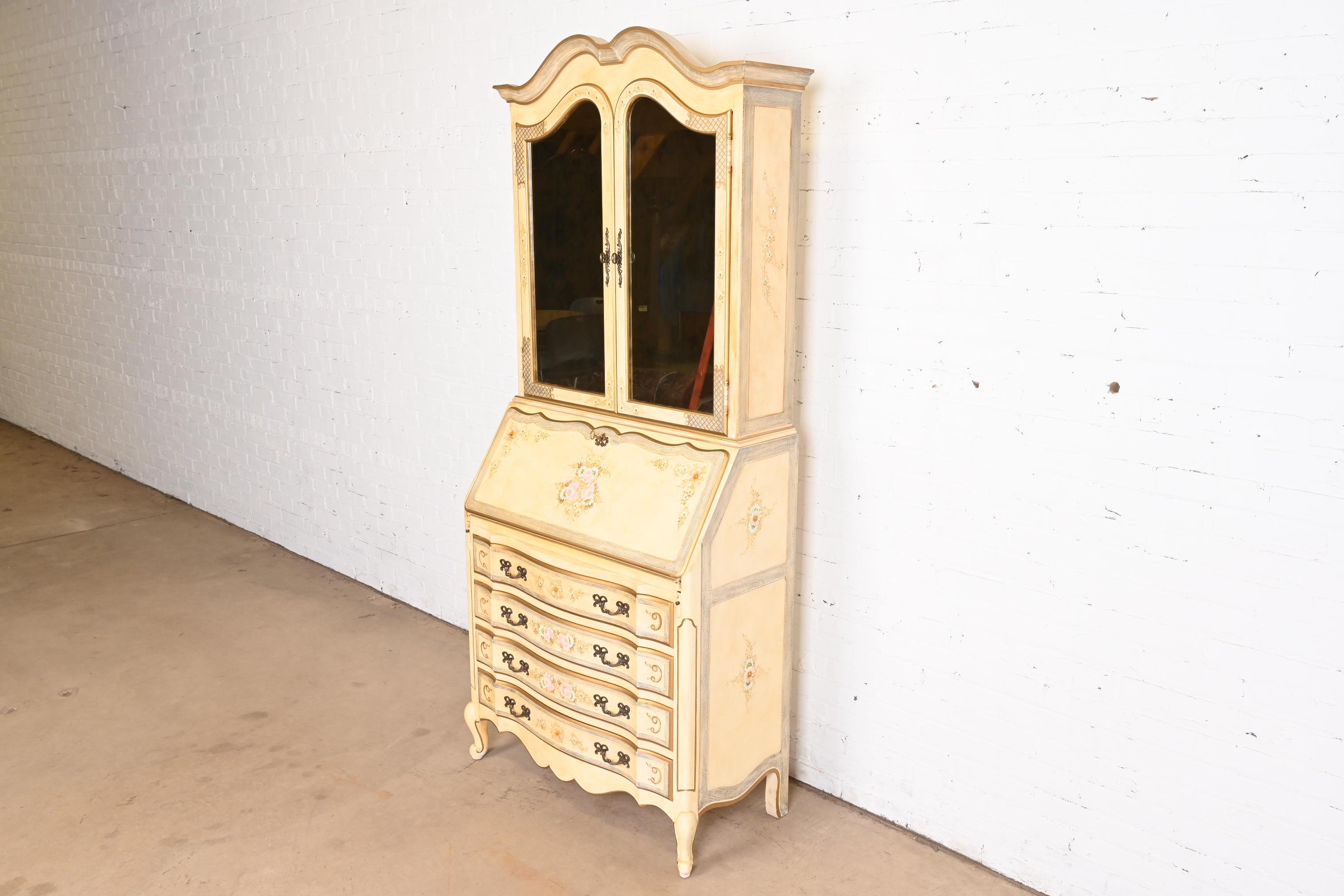 American Maddox French Provincial Louis XV Painted Secretary Desk With Mirrored Bookcase For Sale