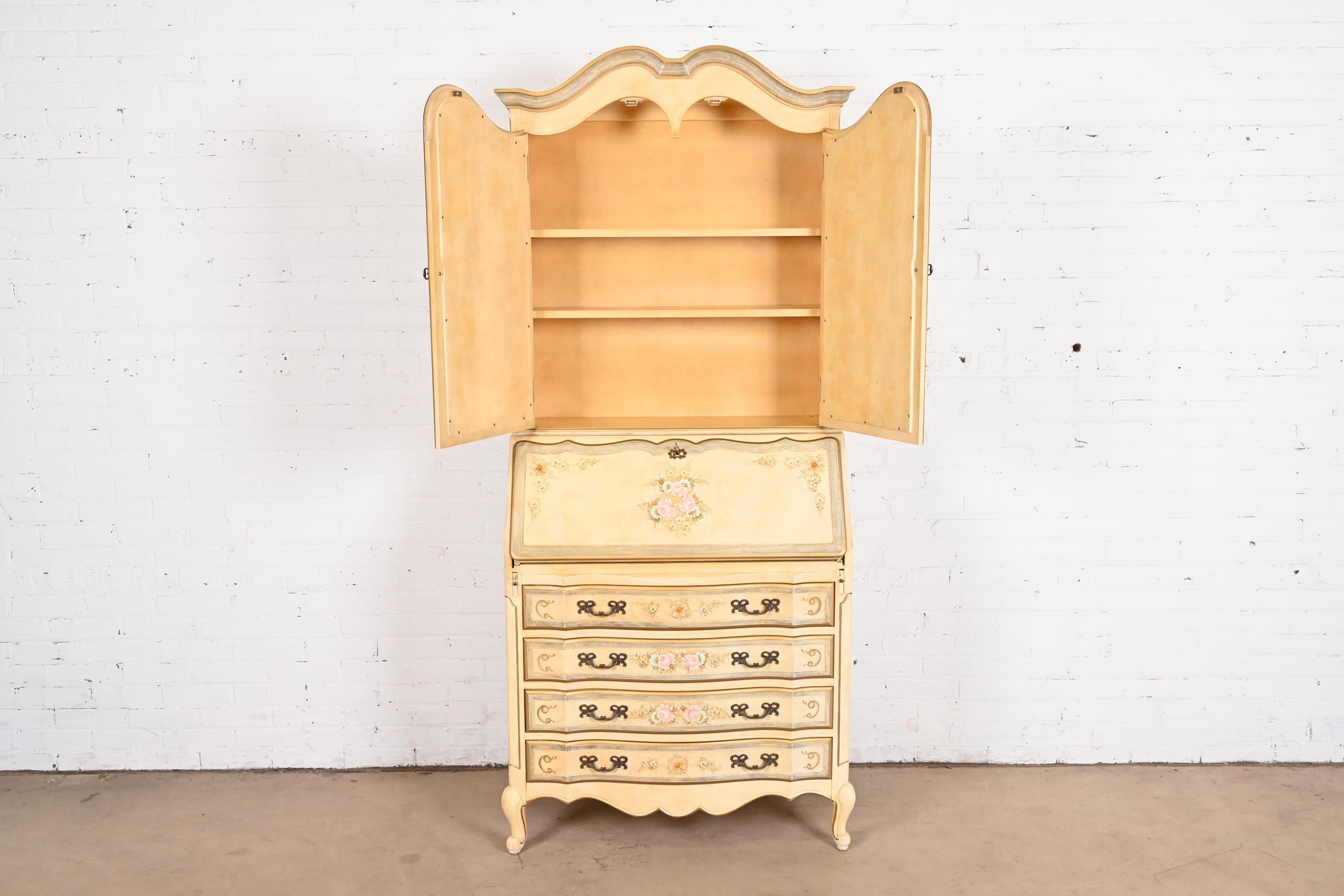 Late 20th Century Maddox French Provincial Louis XV Painted Secretary Desk With Mirrored Bookcase For Sale
