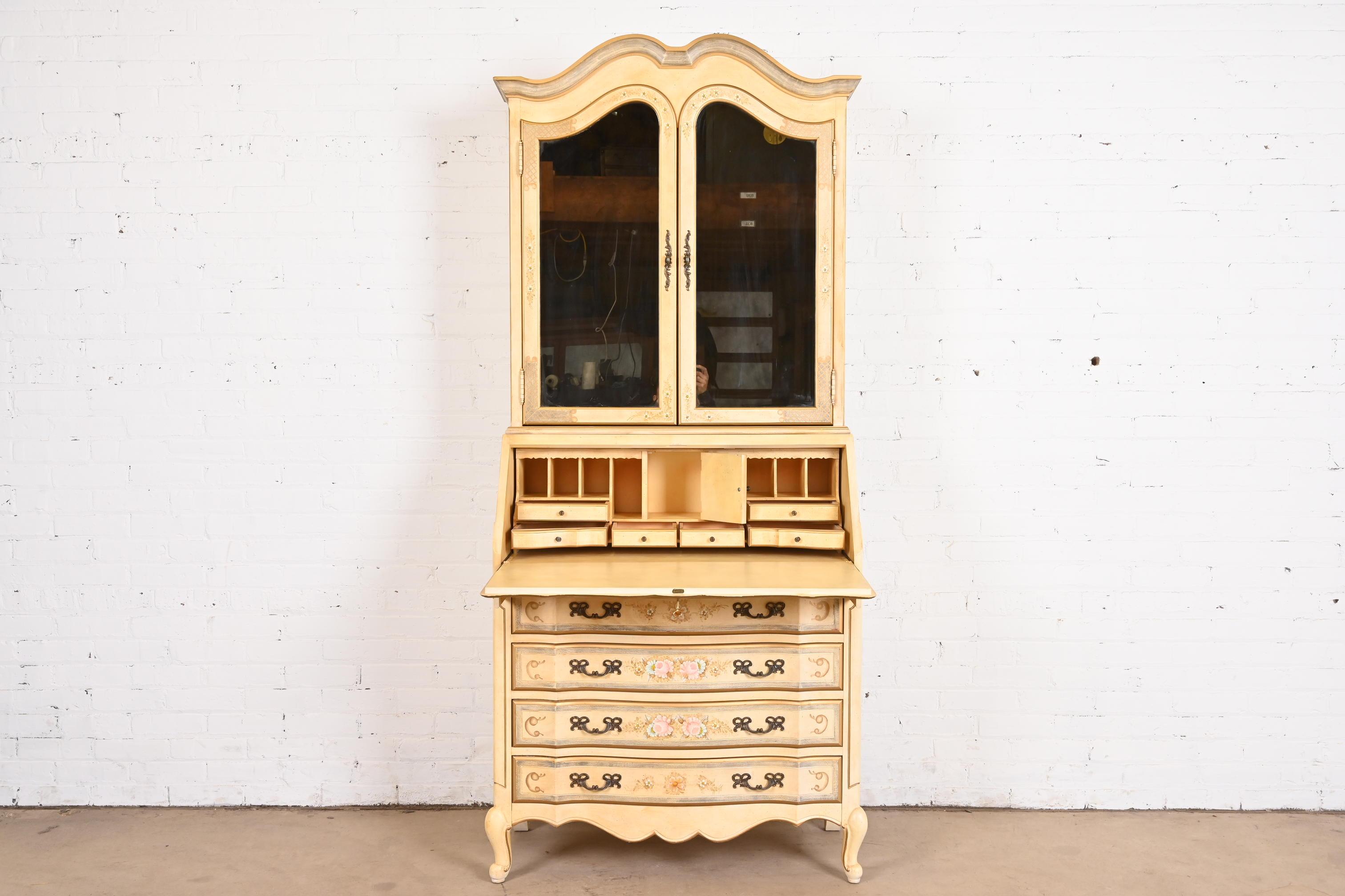 Brass Maddox French Provincial Louis XV Painted Secretary Desk With Mirrored Bookcase For Sale
