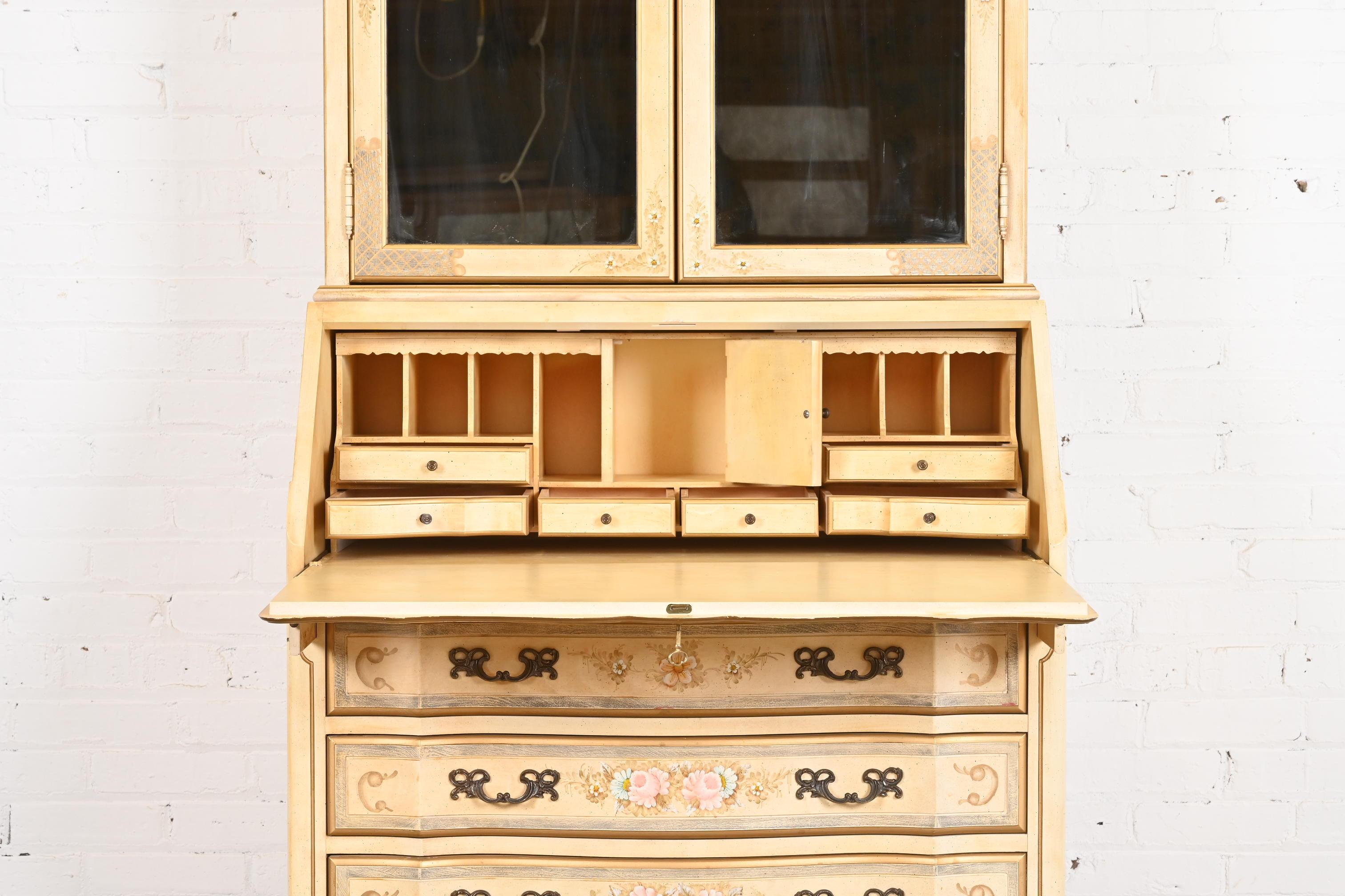 Brass Maddox French Provincial Louis XV Painted Secretary Desk With Mirrored Bookcase For Sale