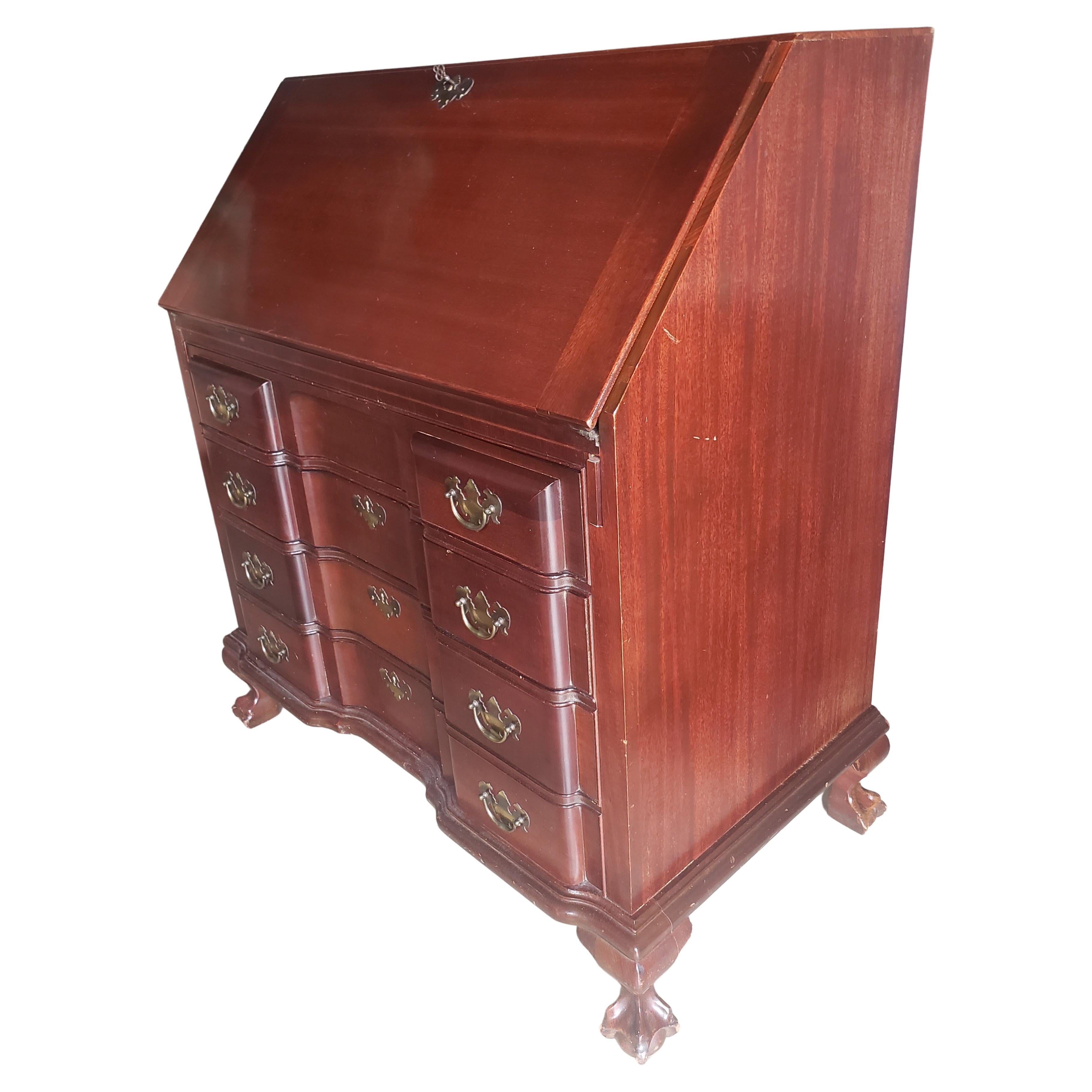 American Maddox Refinished Red Mahogany Block / Slant Front Secretary Desk with Key For Sale