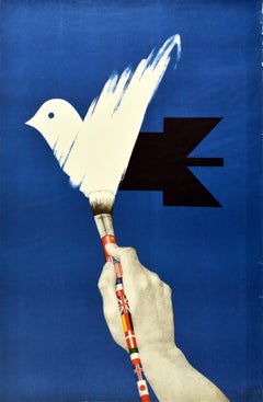 Original Vintage Poster Peace To The World Flags White Dove Missile Bomb Design