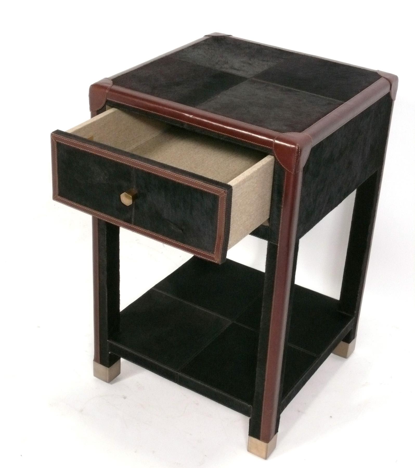 Industrial Made Goods Cowhide and Leather Nightstand or End Table For Sale