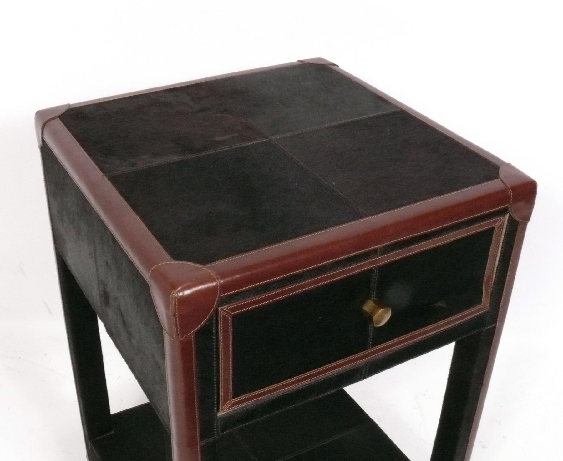 Contemporary Made Goods Cowhide and Leather Nightstand or End Table For Sale