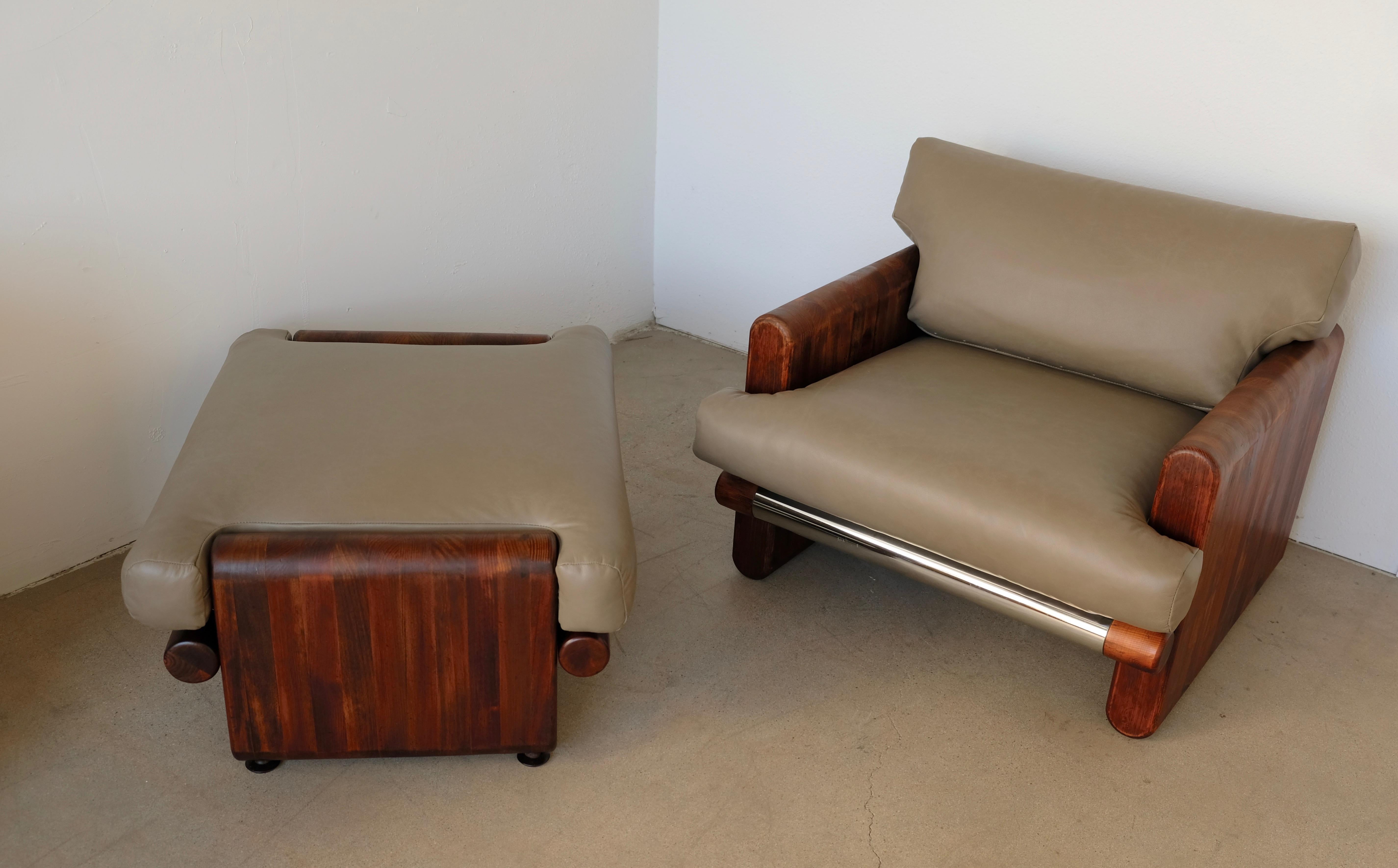 Made in California Wood and Leather Lounge Chair and Ottoman by John Caldwell 5