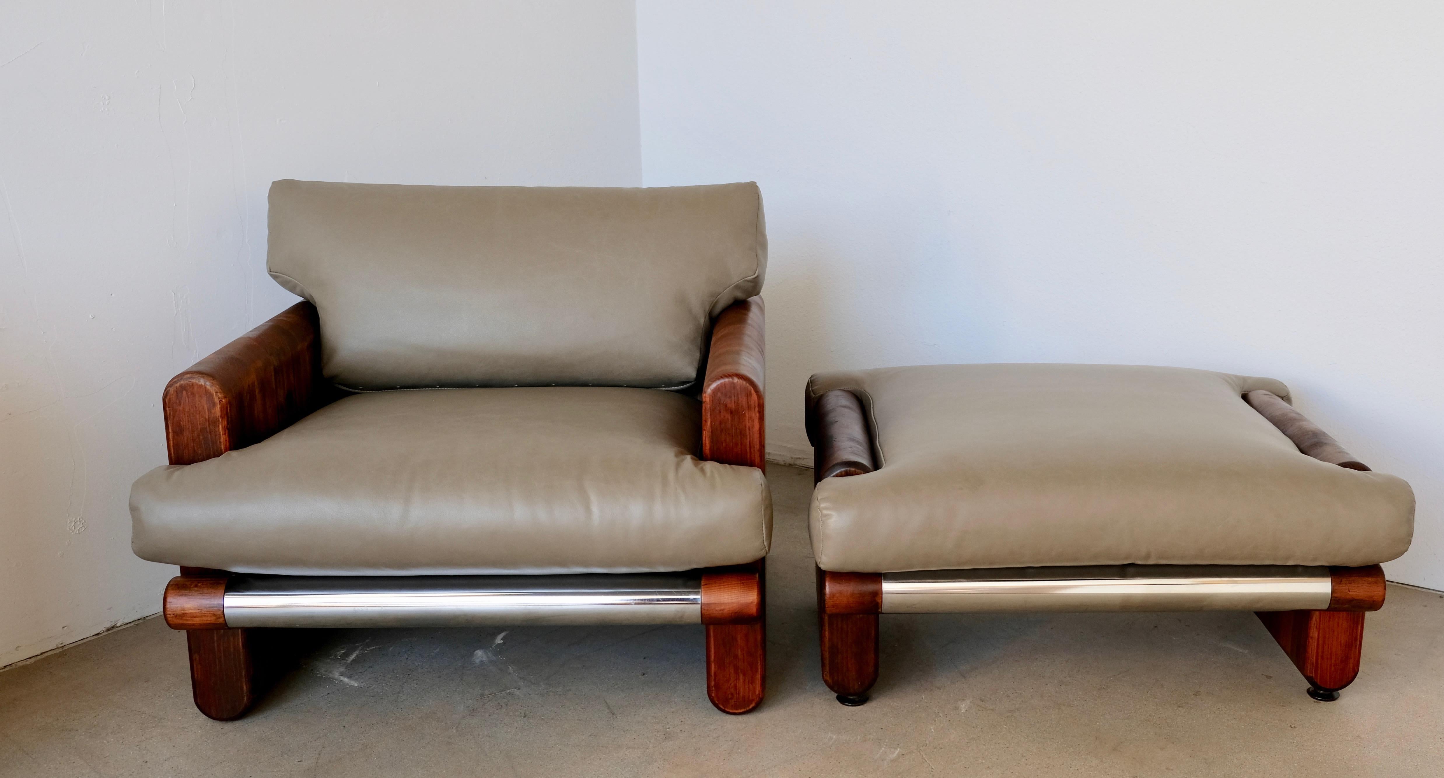 American Made in California Wood and Leather Lounge Chair and Ottoman by John Caldwell