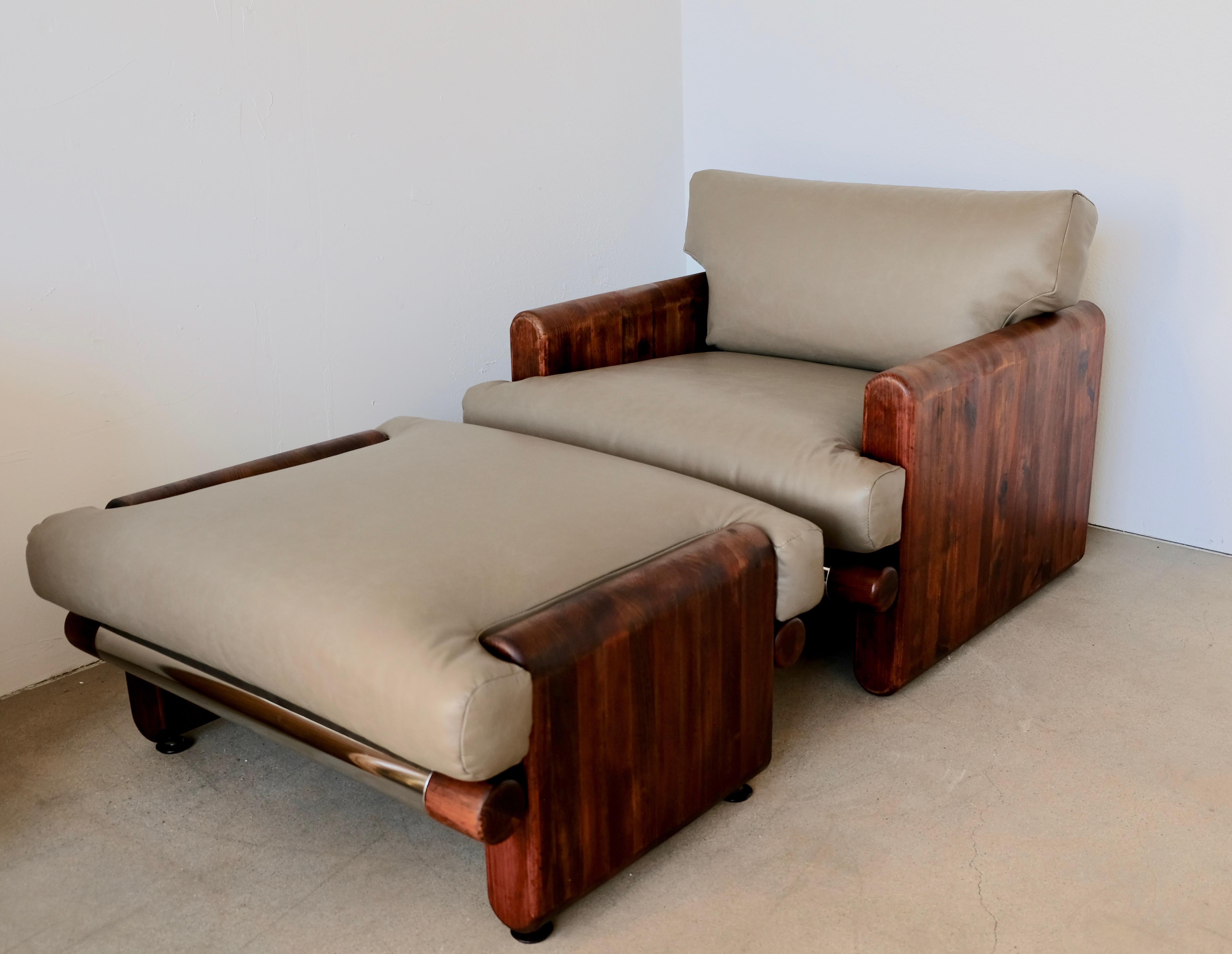 Made in California Wood and Leather Lounge Chair and Ottoman by John Caldwell In Good Condition In Palm Springs, CA