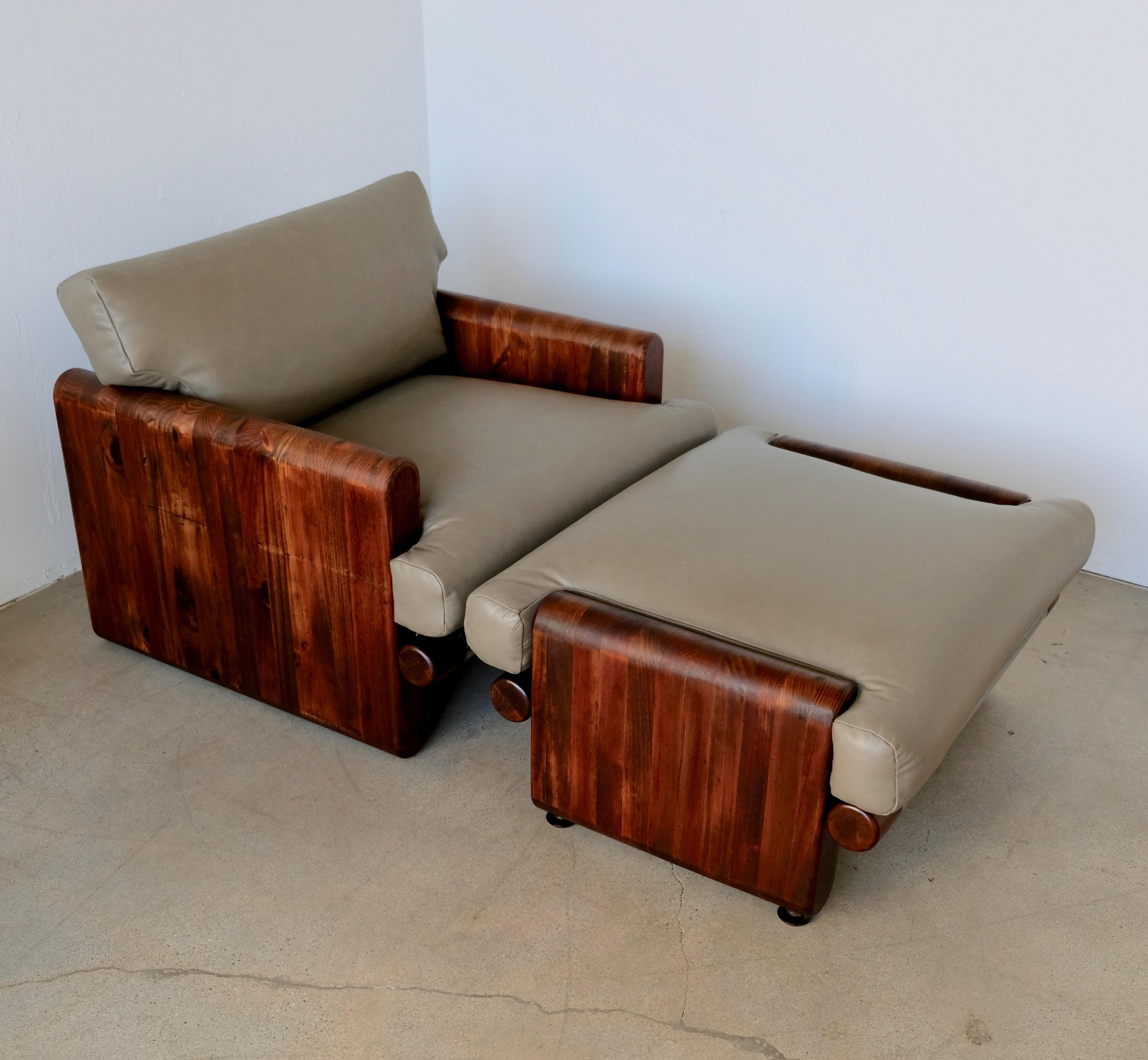 20th Century Made in California Wood and Leather Lounge Chair and Ottoman by John Caldwell