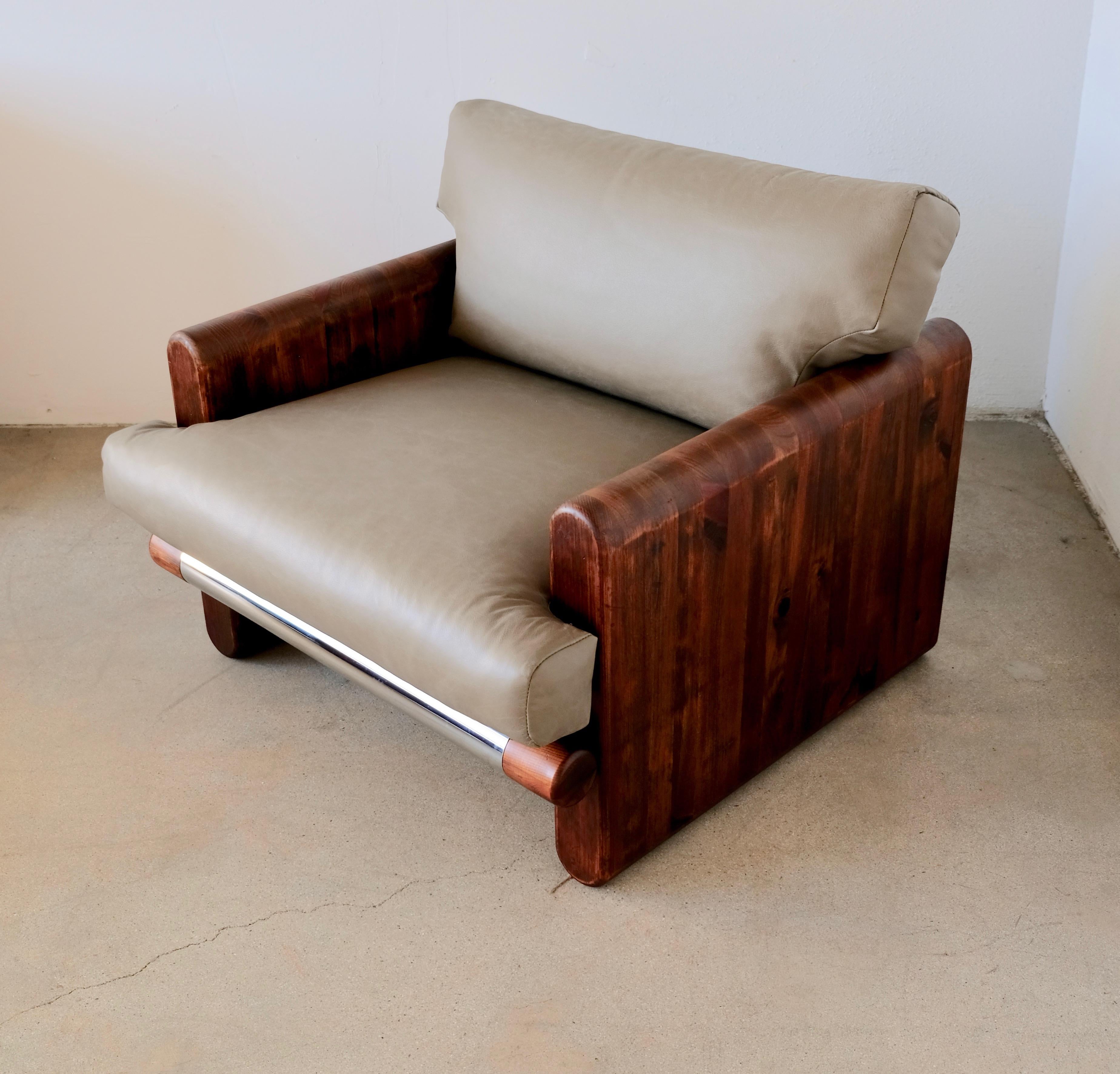 Made in California Wood and Leather Lounge Chair and Ottoman by John Caldwell 1
