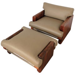 Made in California Wood and Leather Lounge Chair and Ottoman by John Caldwell