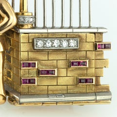 Made in England 18K Gold Diamond Ruby Sapphire Mechanical Watch Brooch